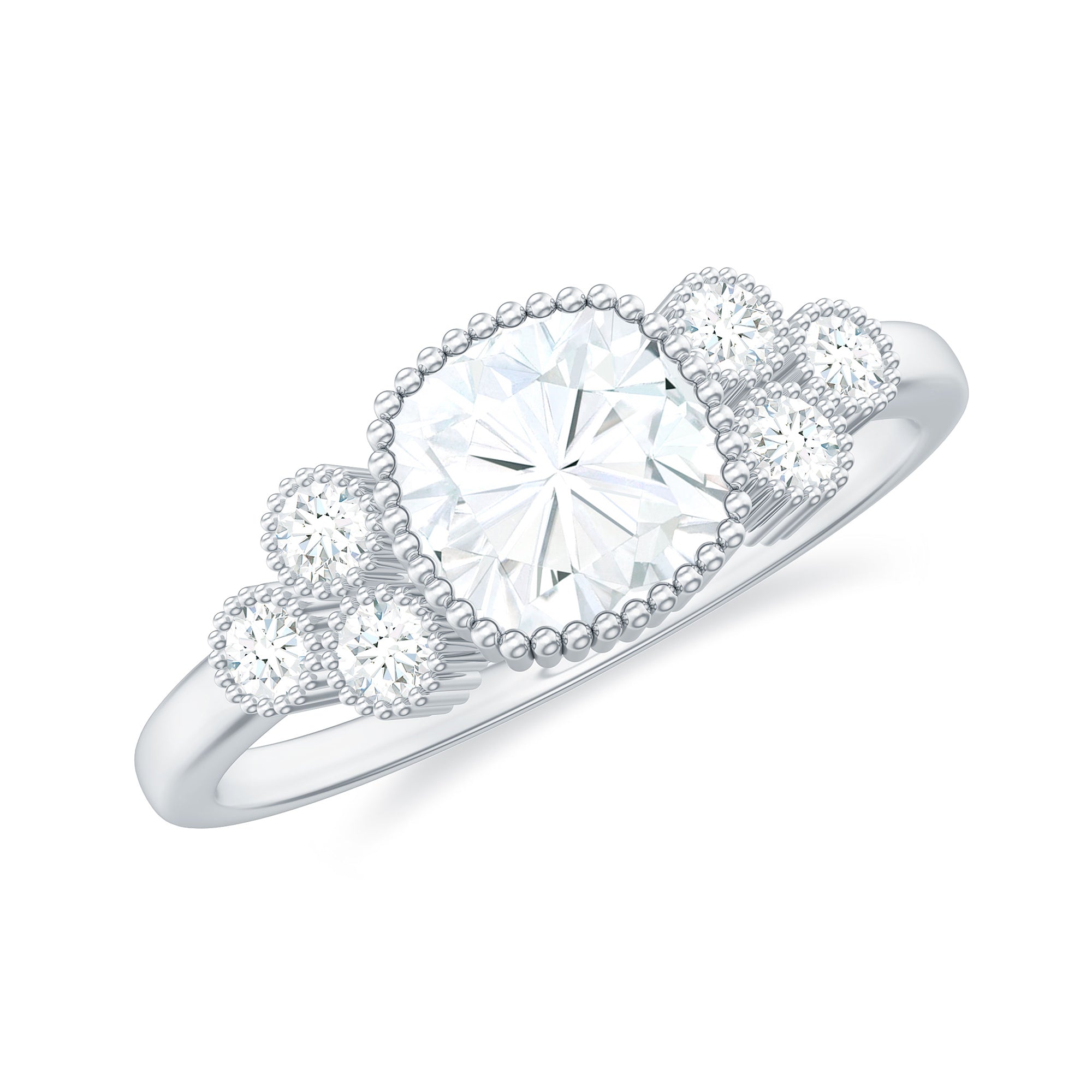 Cushion and Round Cut Moissanite Designer Ring in Gold Moissanite - ( D-VS1 ) - Color and Clarity - Rosec Jewels