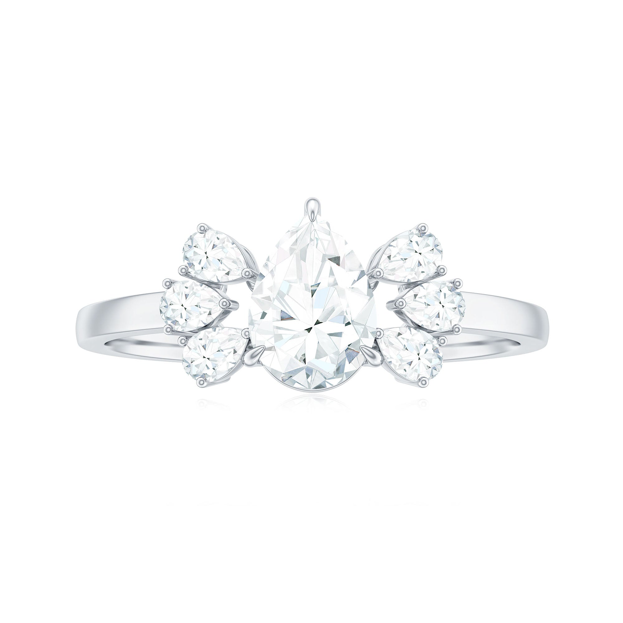 Pear Cut Moissanite Solitaire Engagement Ring with Trio Moissanite - ( D-VS1 ) - Color and Clarity - Rosec Jewels