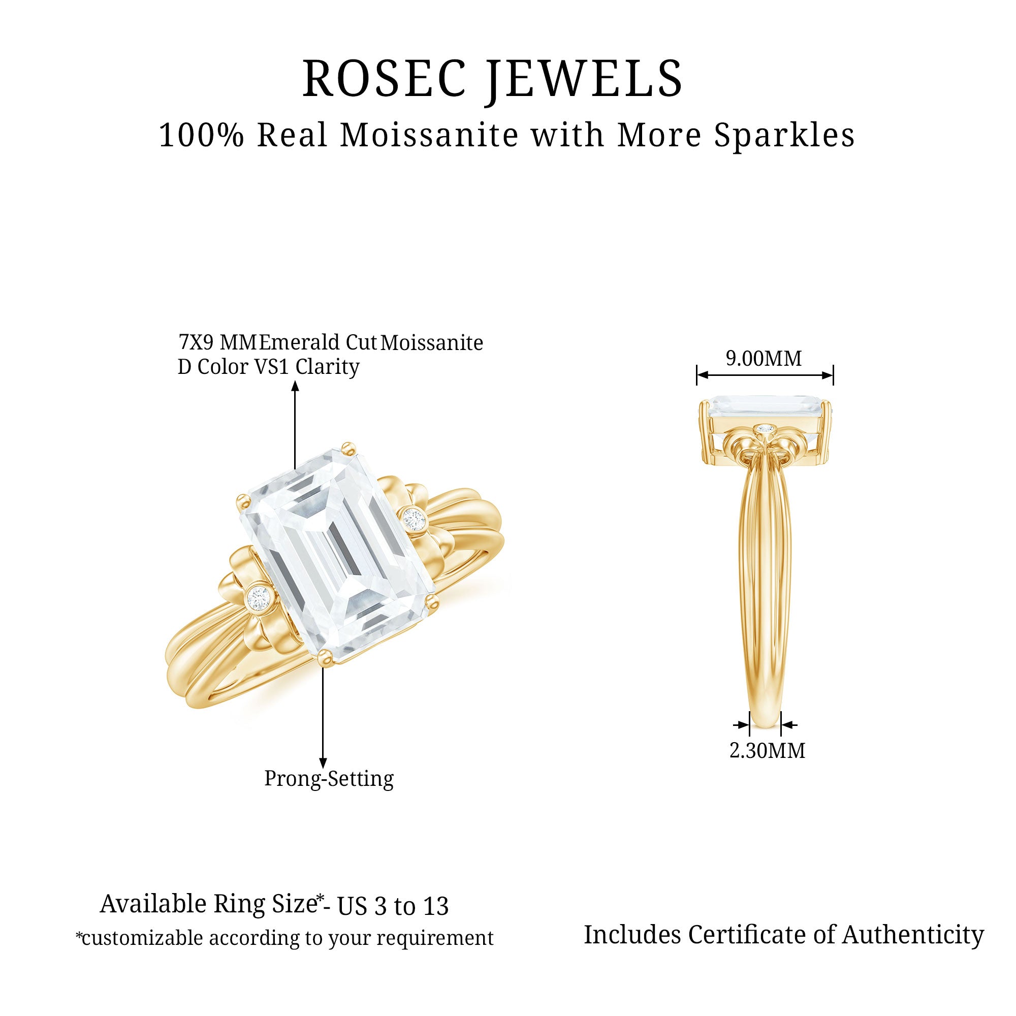 Emerald Cut Moissanite Solitaire Engagement Ring with Bow Moissanite - ( D-VS1 ) - Color and Clarity - Rosec Jewels