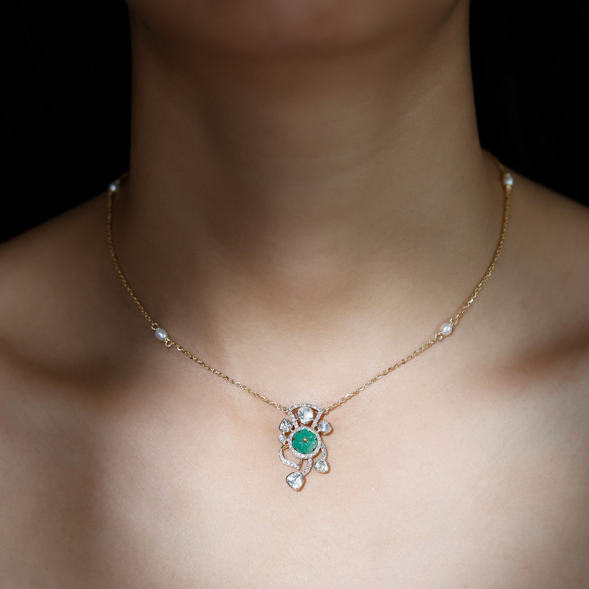 Created Emerald and Uncut Diamond Designer Necklace with Freshwater Pearls - Rosec Jewels