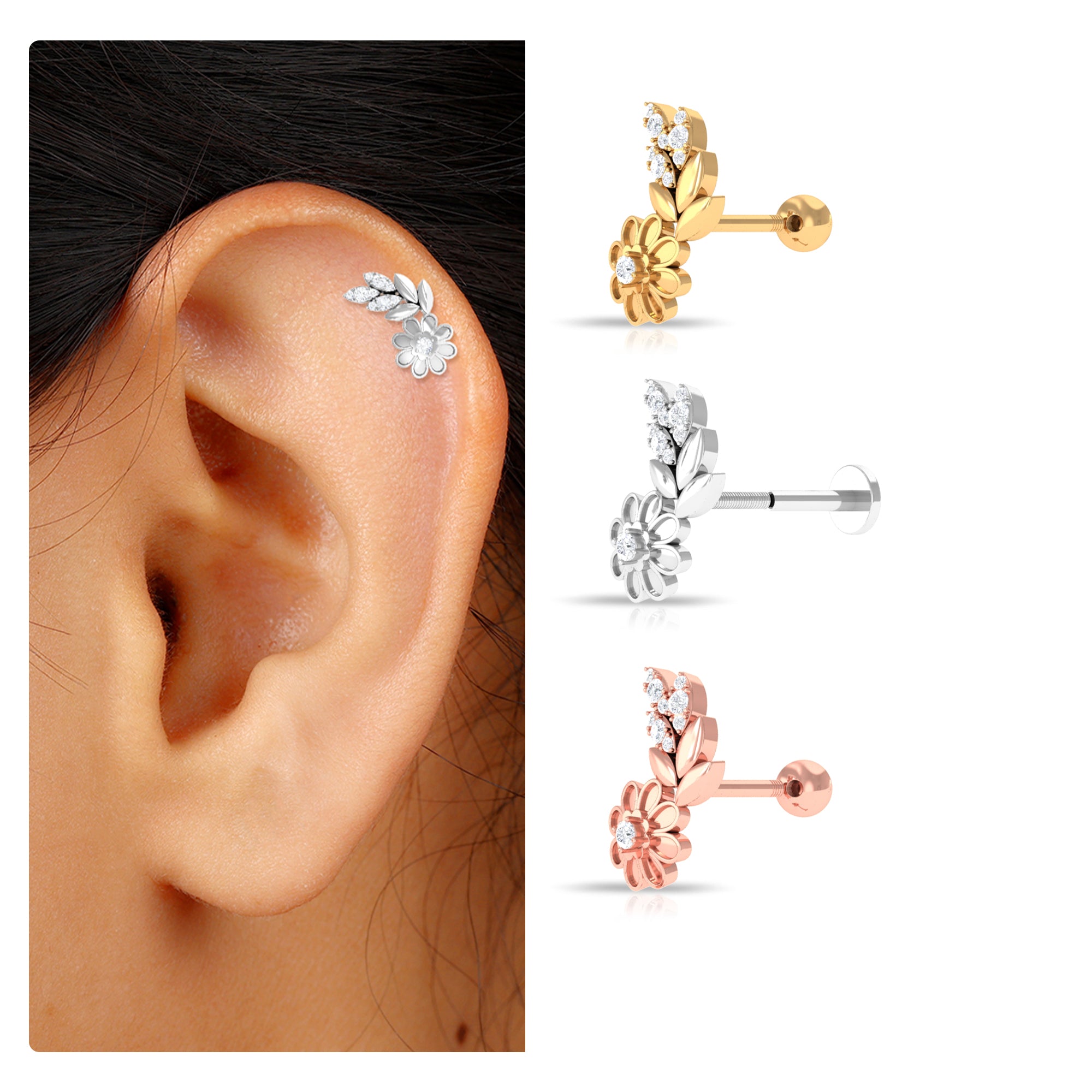 Certified Moissanite Flower Crawler Earring for Helix Piercing Moissanite - ( D-VS1 ) - Color and Clarity - Rosec Jewels