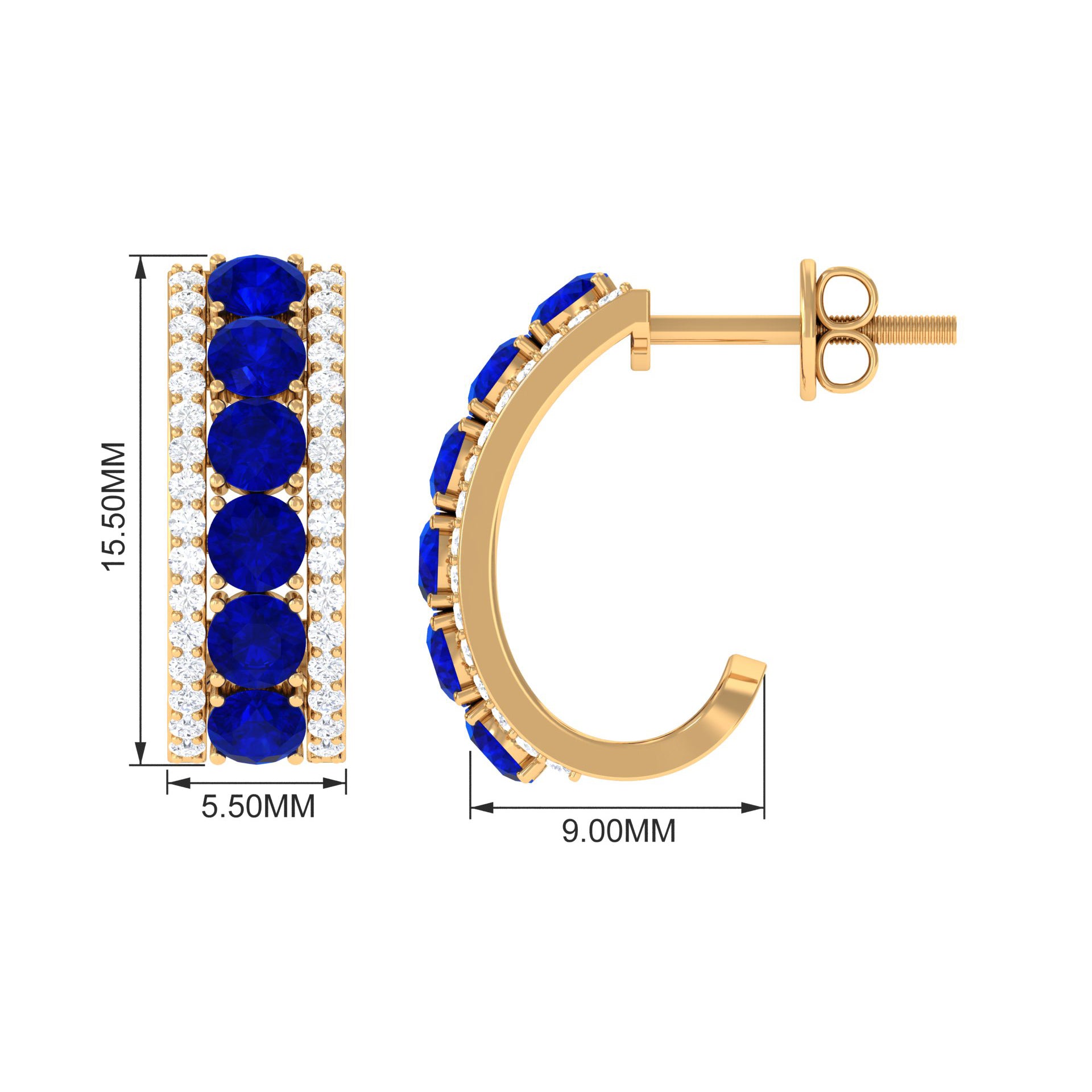 2 CT Created Blue Sapphire and Diamond J Hoop Earrings Lab Created Blue Sapphire - ( AAAA ) - Quality - Rosec Jewels