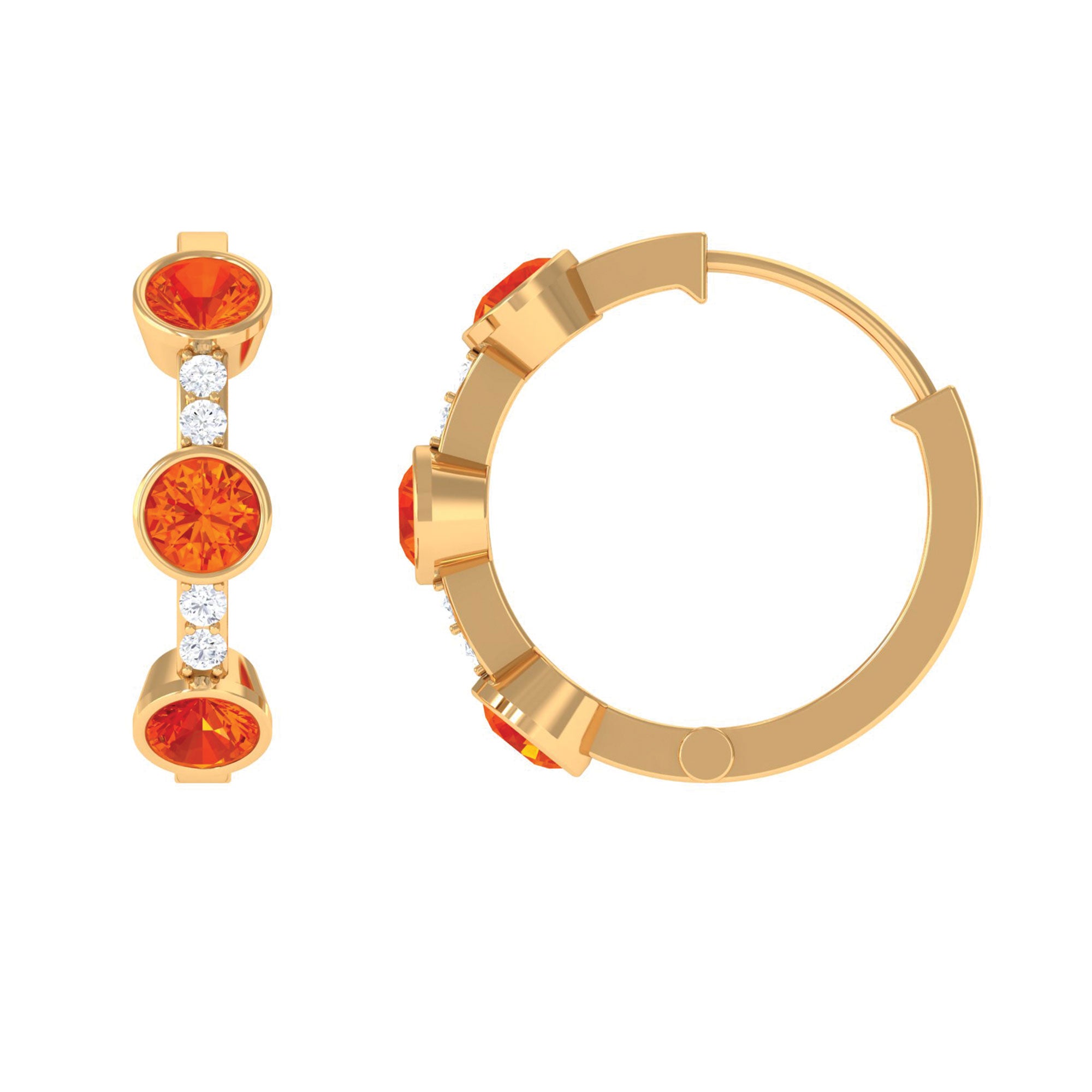 1 CT Bezel Set Orange Sapphire Three Stone Hoop Earrings with Diamond Orange Sapphire - ( AAA ) - Quality - Rosec Jewels