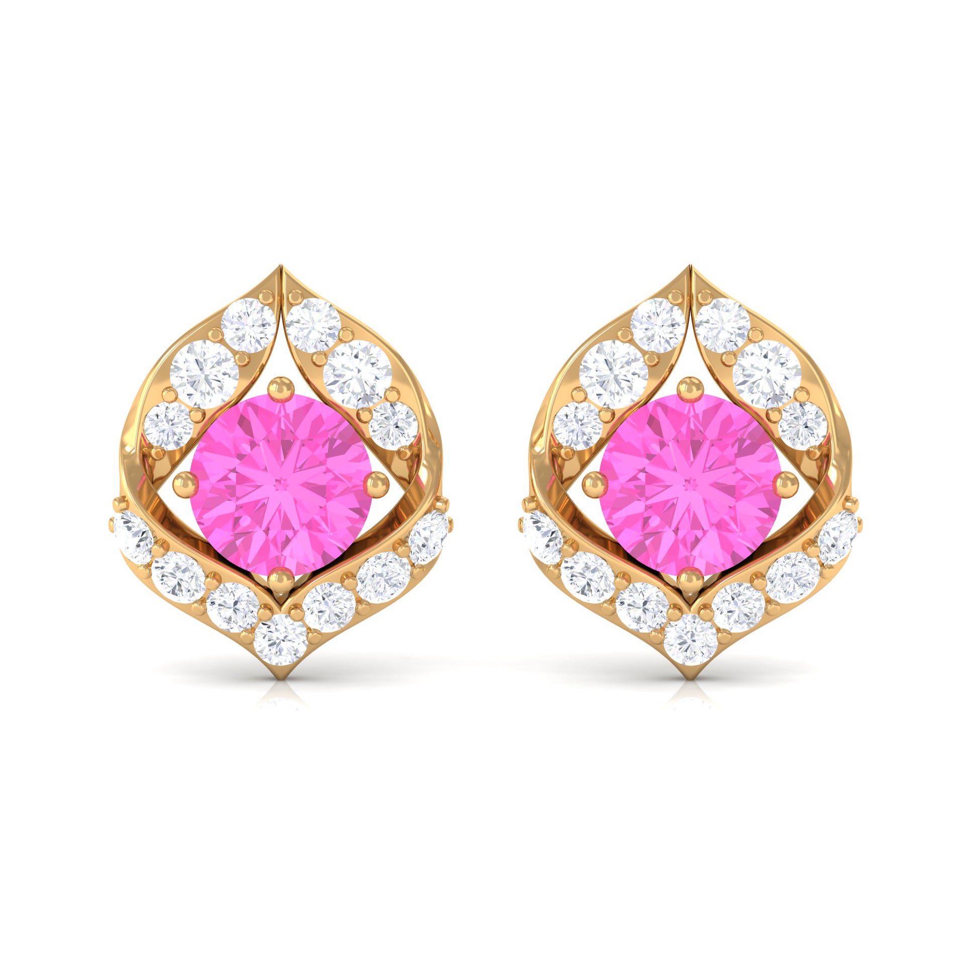 Minimal Pink Sapphire and Diamond Petal Stud Earrings Pink Sapphire - ( AAA ) - Quality - Rosec Jewels