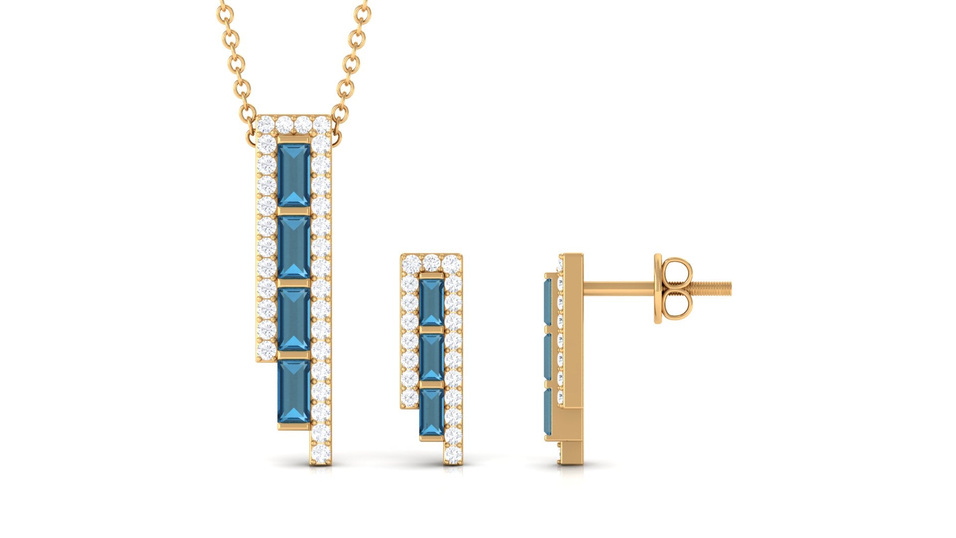 London Blue Topaz Bar Jewelry Set with Diamond London Blue Topaz - ( AAA ) - Quality - Rosec Jewels