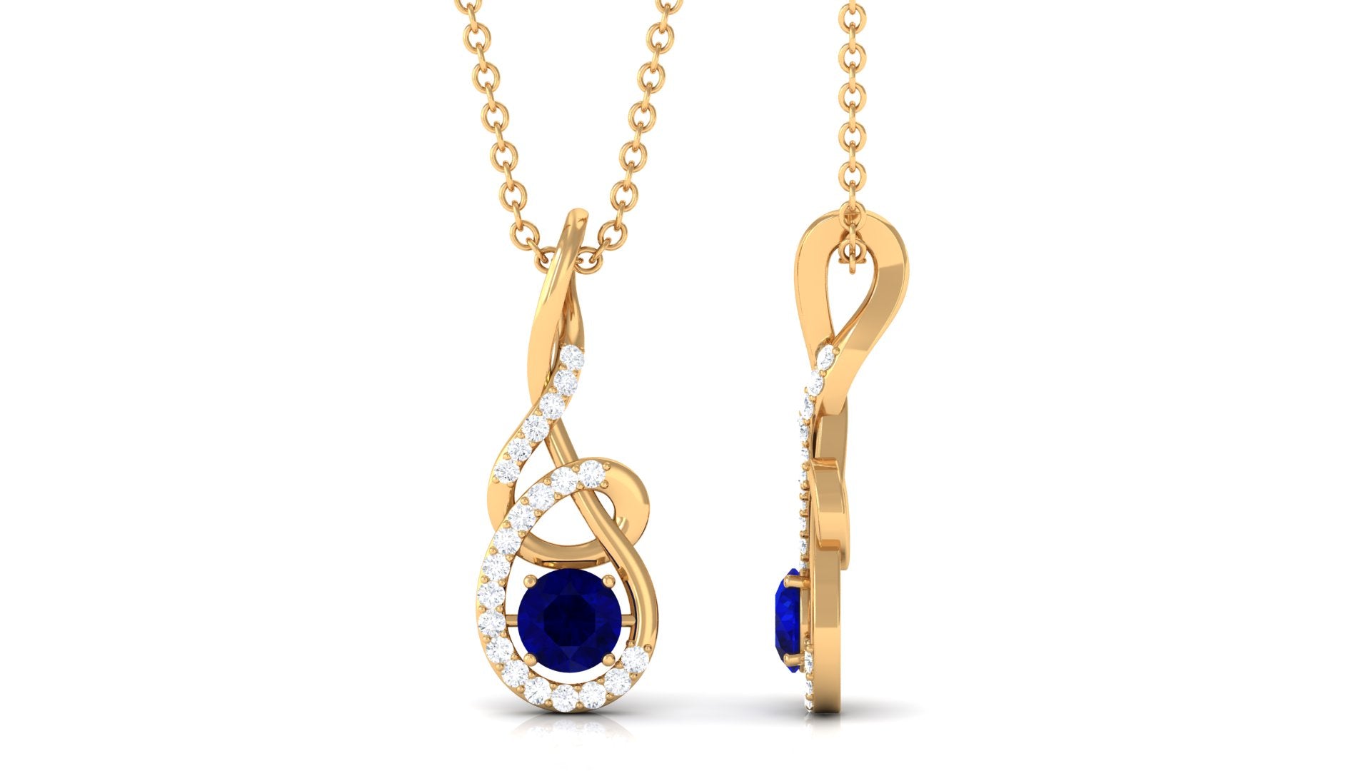 Designer Round Blue Sapphire and Diamond Twisted Drop Pendant Blue Sapphire - ( AAA ) - Quality - Rosec Jewels