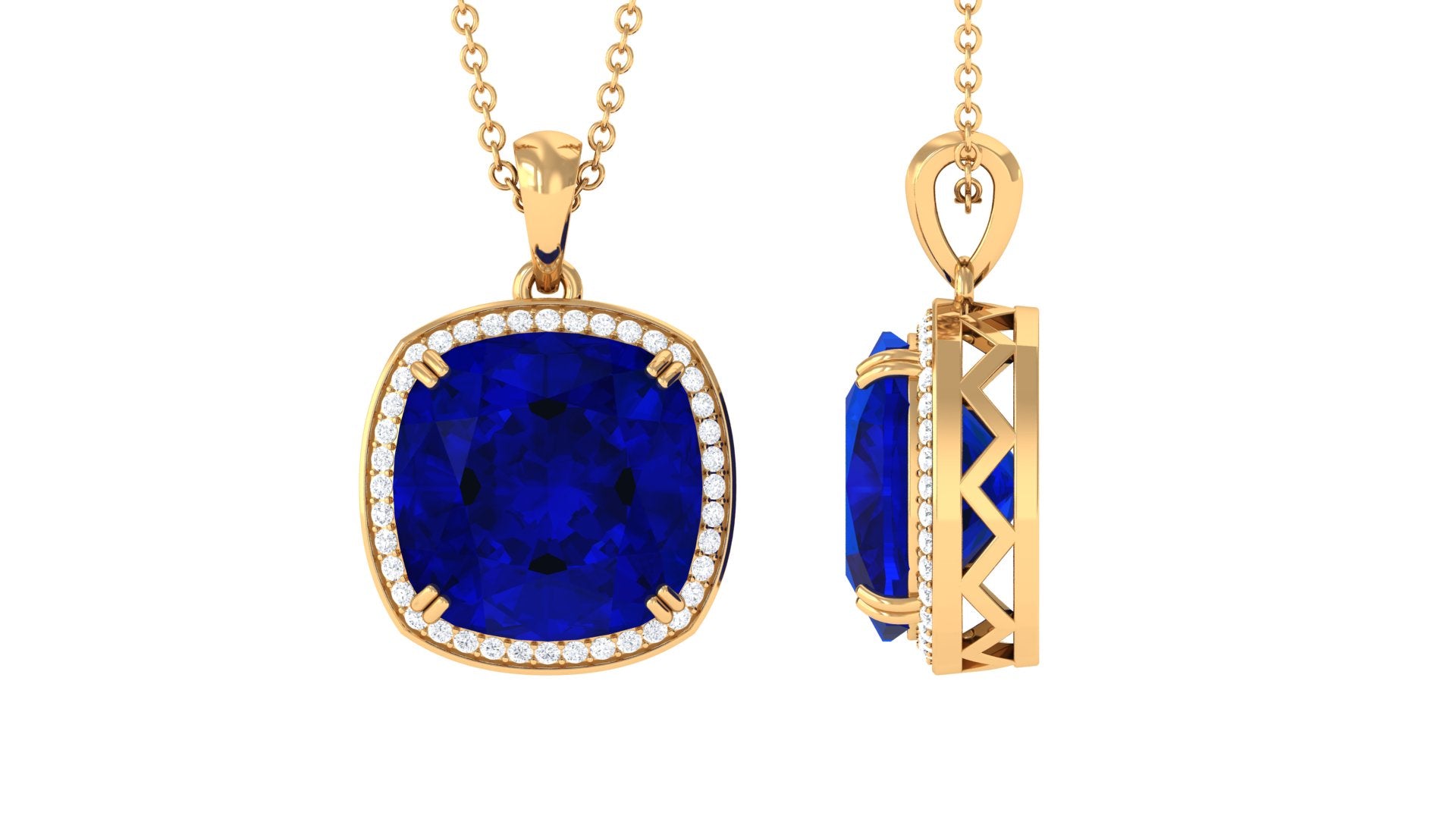 Cushion Cut Created Blue Sapphire and Diamond Halo Pendant Necklace Lab Created Blue Sapphire - ( AAAA ) - Quality - Rosec Jewels