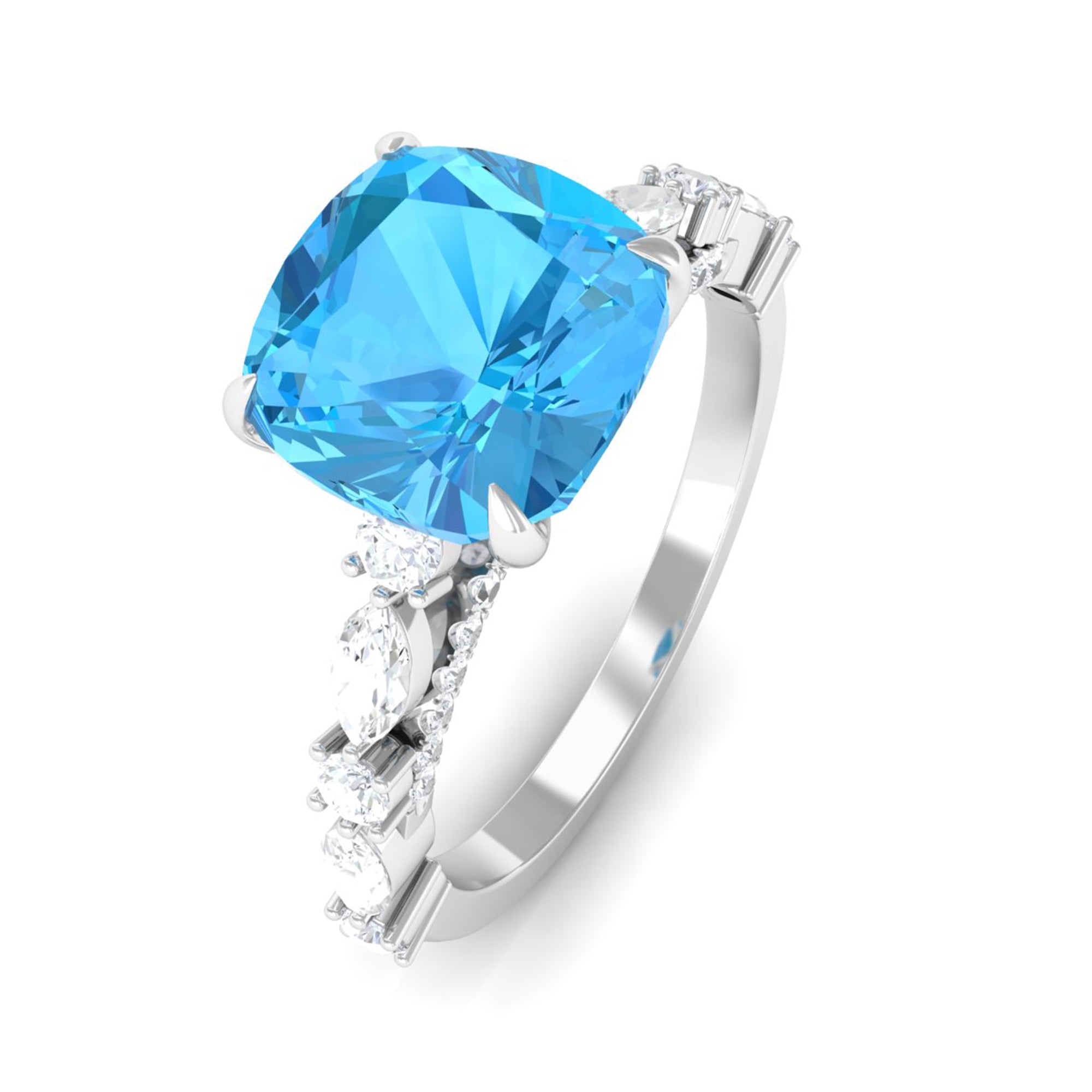 8 MM Cushion Cut Swiss Blue Topaz Solitaire with Moissanite Side Stone Ring Swiss Blue Topaz - ( AAA ) - Quality - Rosec Jewels