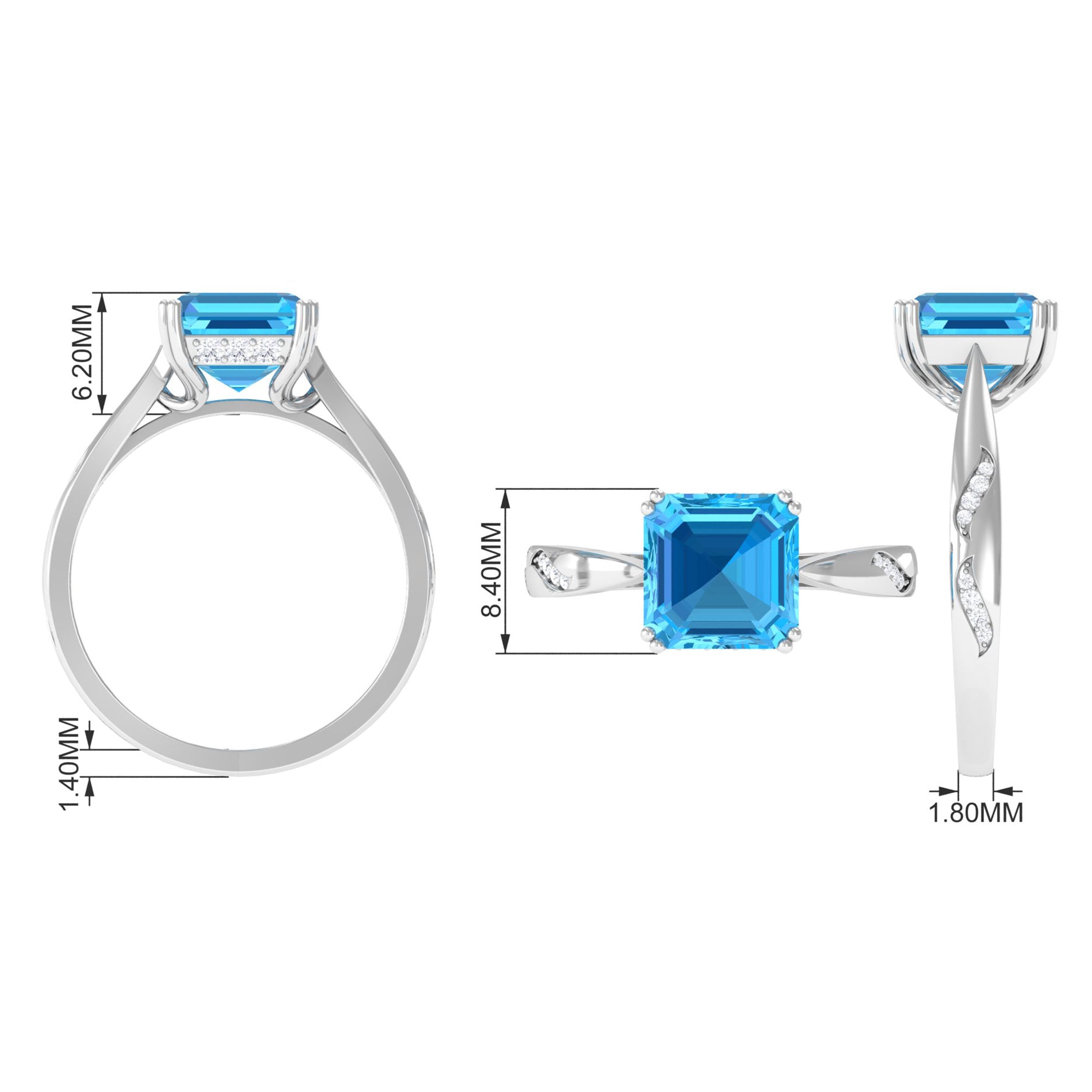 Asscher Cut Swiss Blue Topaz Solitaire Ring with Diamond Swiss Blue Topaz - ( AAA ) - Quality - Rosec Jewels