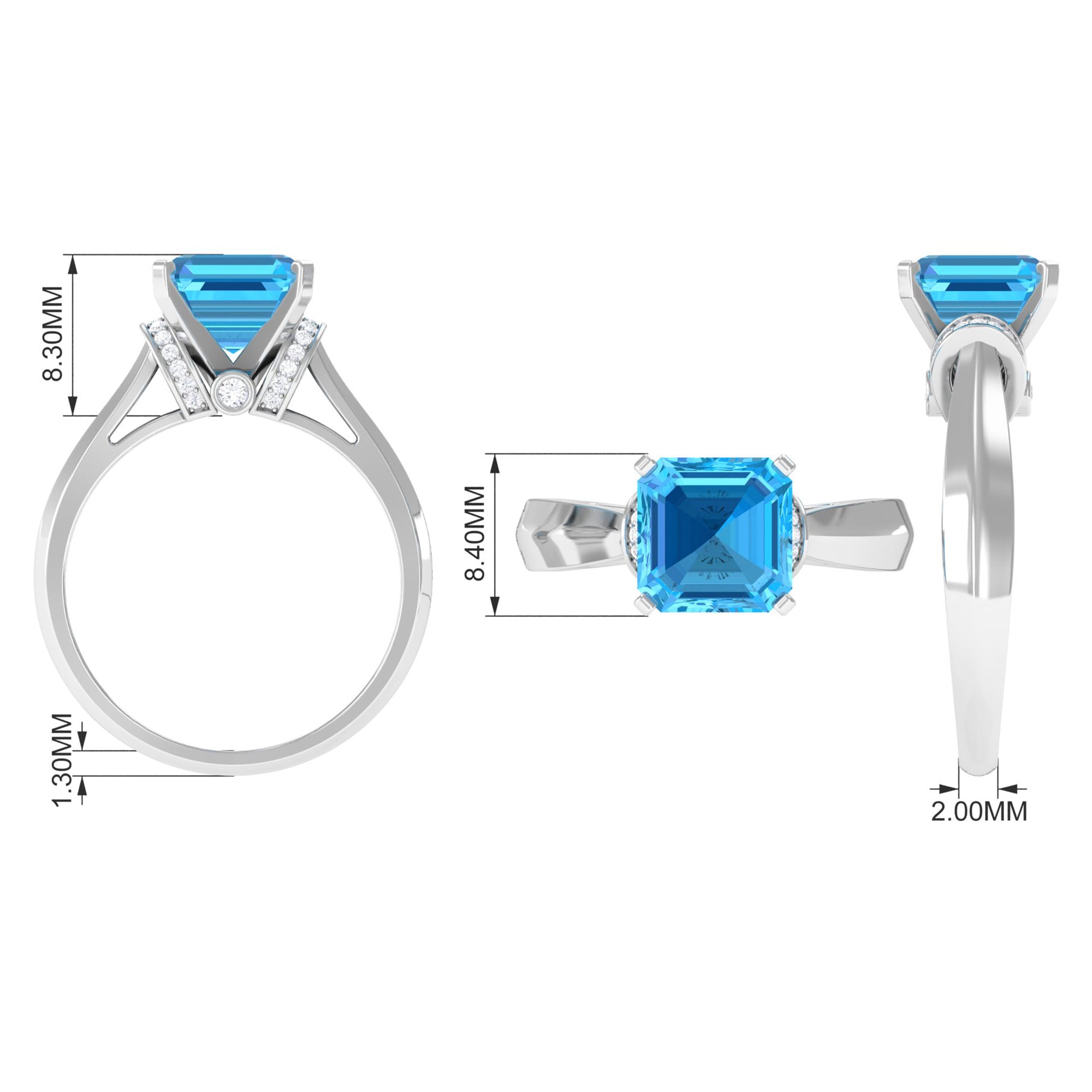 3.25 CT Asscher Cut Swiss Blue Topaz Solitaire Ring with Collar Diamond Swiss Blue Topaz - ( AAA ) - Quality - Rosec Jewels