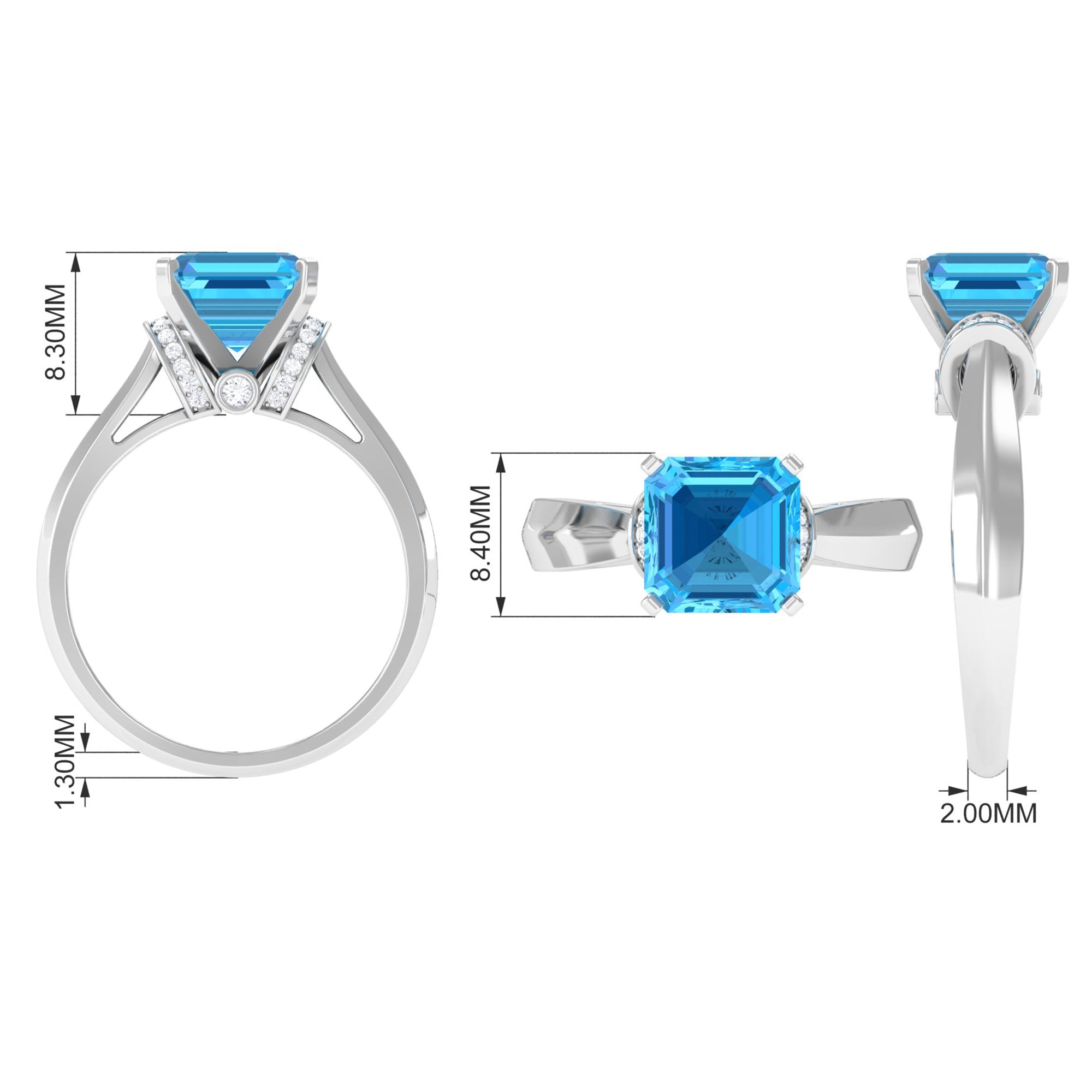 3.25 CT Asscher Cut Swiss Blue Topaz Solitaire Ring with Collar Diamond Swiss Blue Topaz - ( AAA ) - Quality - Rosec Jewels