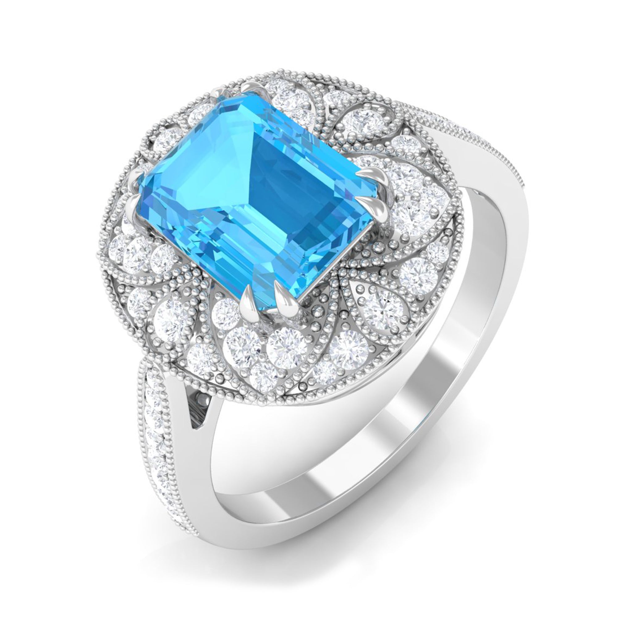 6X8 MM Emerald Cut Swiss Blue Topaz Solitaire with Diamond Vintage Ring Swiss Blue Topaz - ( AAA ) - Quality - Rosec Jewels