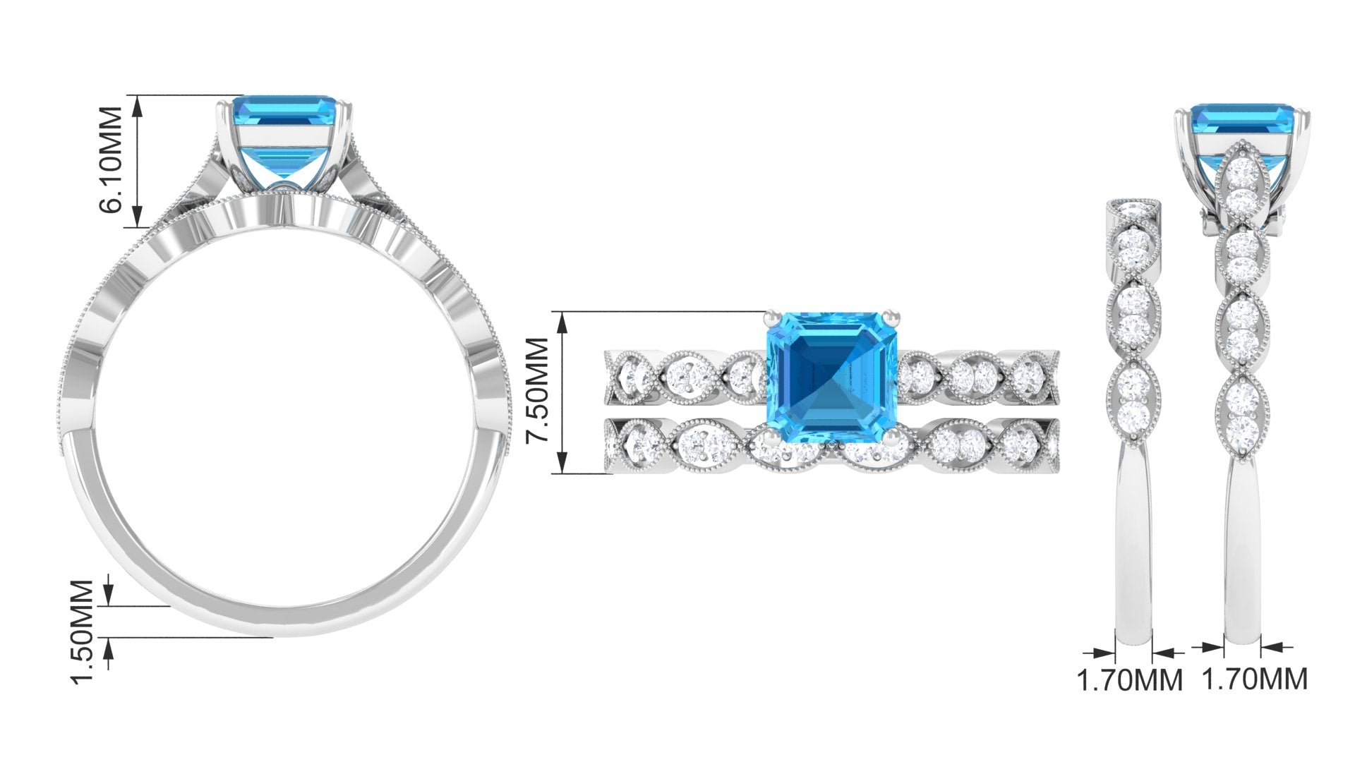 Swiss Blue Topaz Wedding Ring Set with Moissanite Swiss Blue Topaz - ( AAA ) - Quality - Rosec Jewels