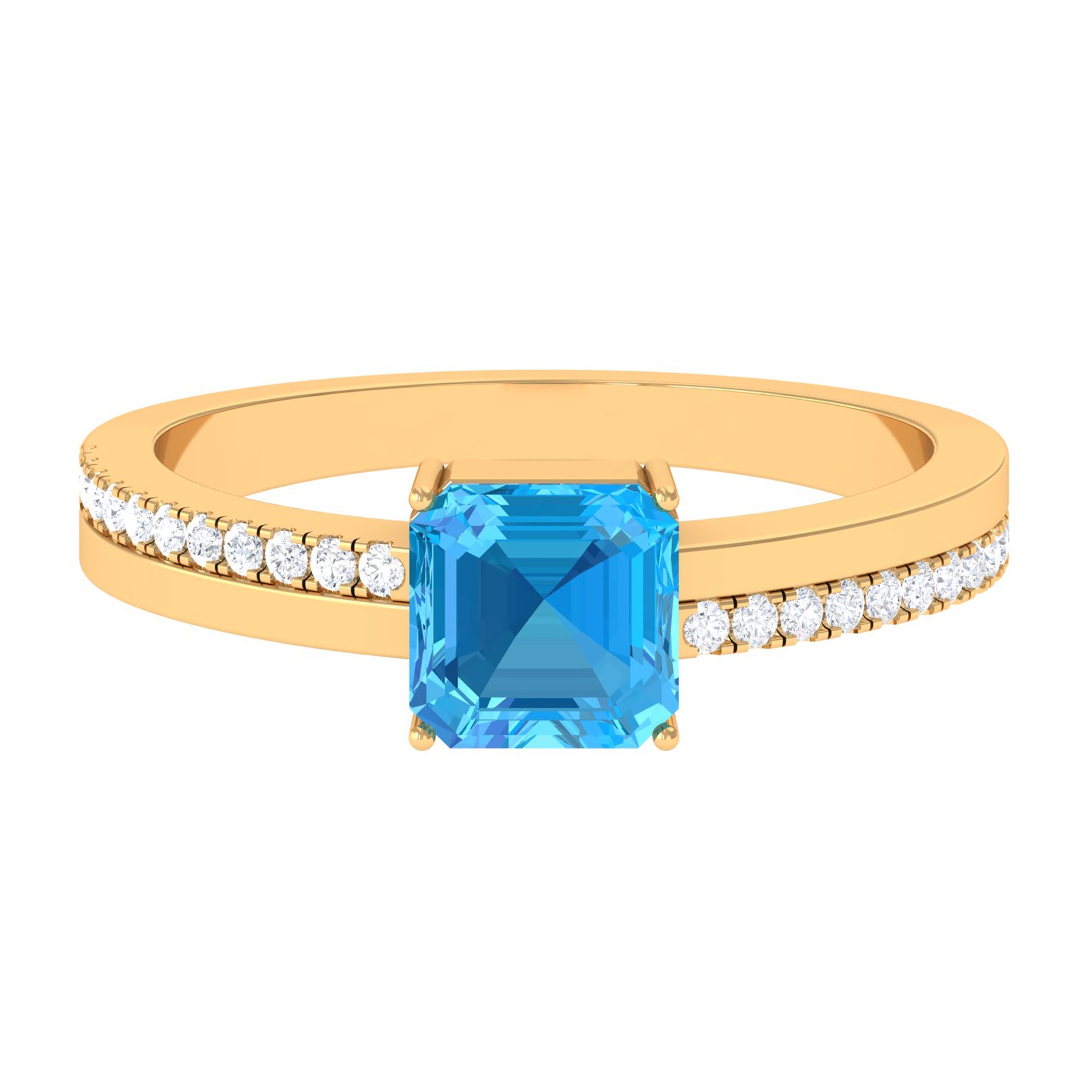 6 MM Two Tone Asscher Cut Swiss Blue Topaz Solitaire with Diamond Side Stone Ring Swiss Blue Topaz - ( AAA ) - Quality - Rosec Jewels