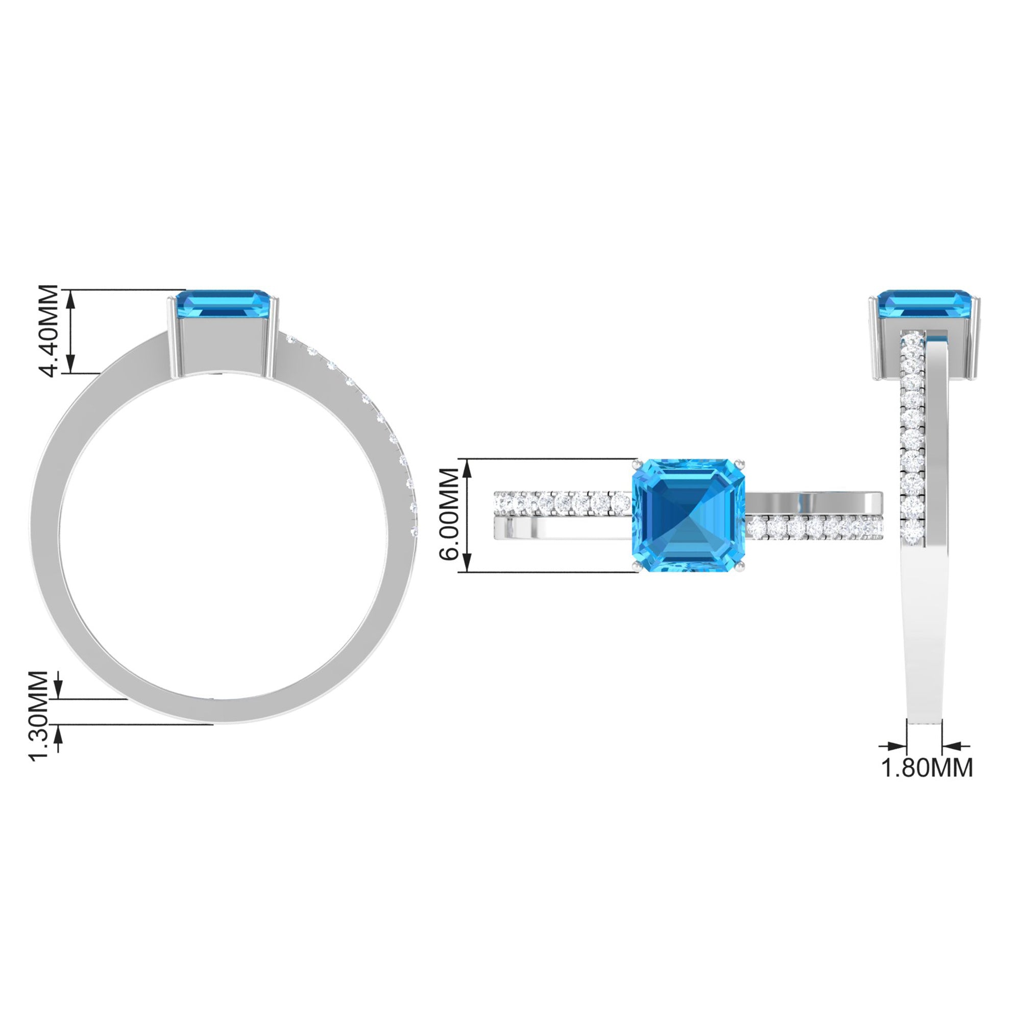 6 MM Two Tone Asscher Cut Swiss Blue Topaz Solitaire with Diamond Side Stone Ring Swiss Blue Topaz - ( AAA ) - Quality - Rosec Jewels