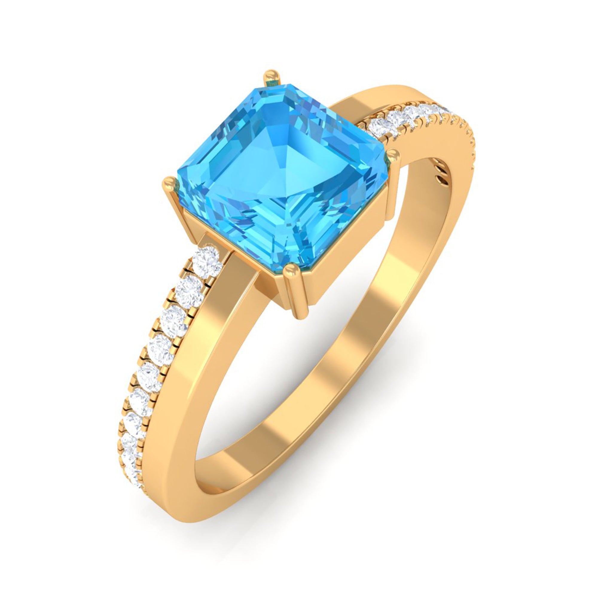 6 MM Two Tone Asscher Cut Swiss Blue Topaz Solitaire with Diamond Side Stone Ring Swiss Blue Topaz - ( AAA ) - Quality - Rosec Jewels