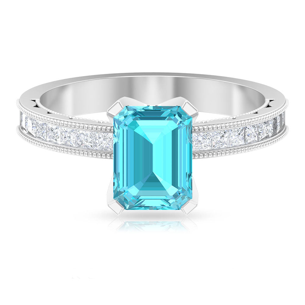 Milgrain Detailed Swiss Blue Topaz Solitaire Ring with Diamond Swiss Blue Topaz - ( AAA ) - Quality - Rosec Jewels