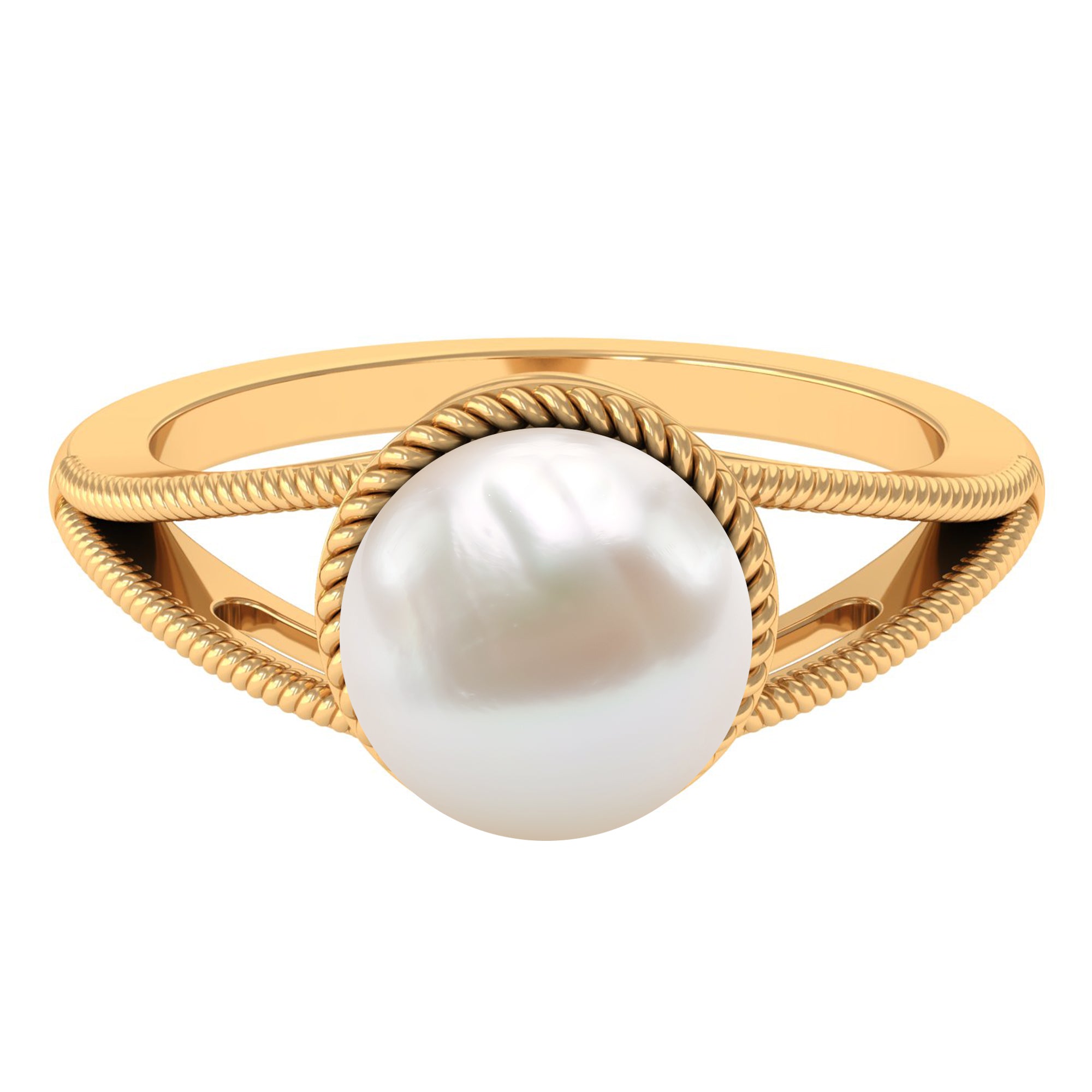 6 CT Split Shank Freshwater Pearl Solitaire Ring in Gold Rope frame Freshwater Pearl - ( AAA ) - Quality - Rosec Jewels