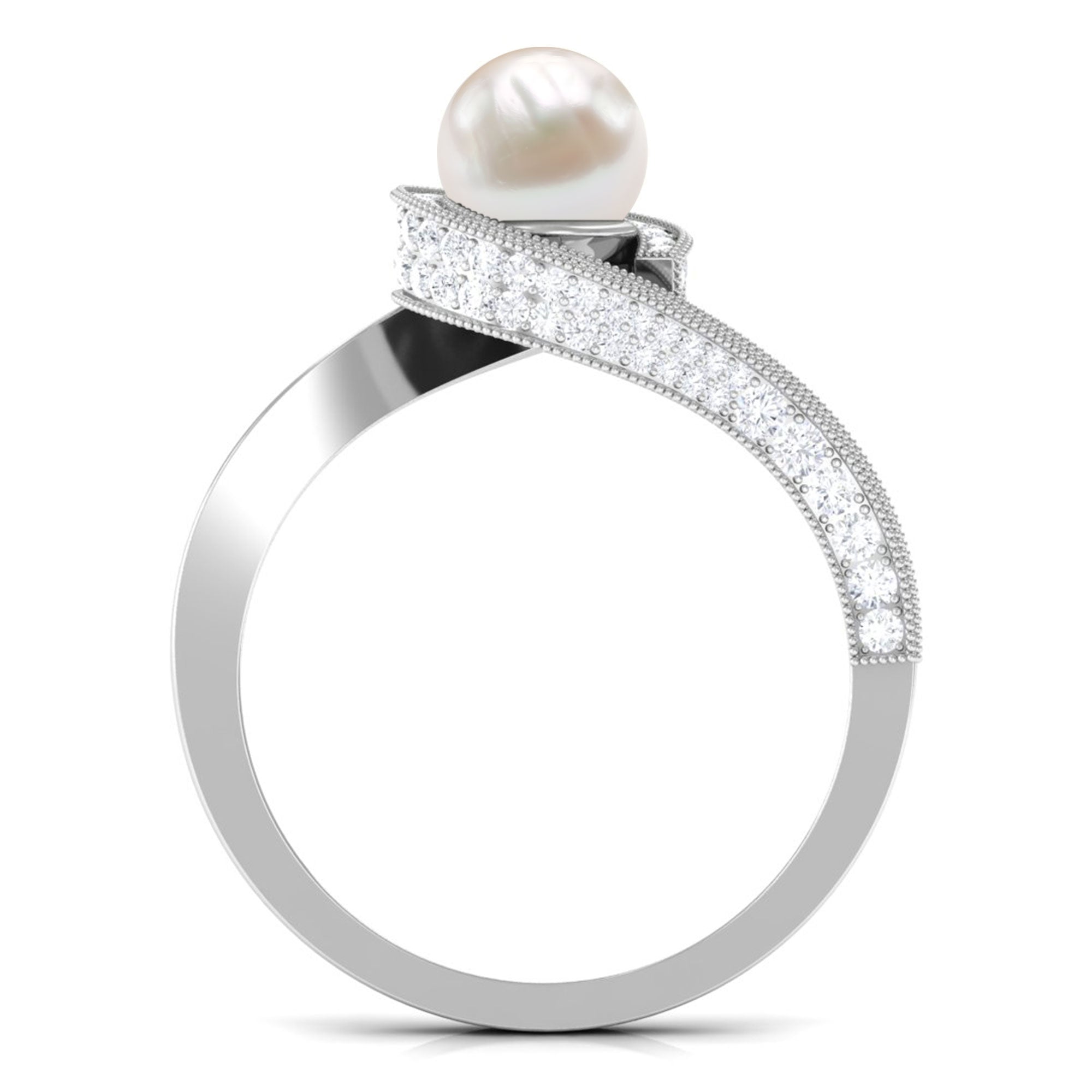 3 CT Freshwater Pearl and Diamond Bypass Engagement Ring Freshwater Pearl - ( AAA ) - Quality - Rosec Jewels