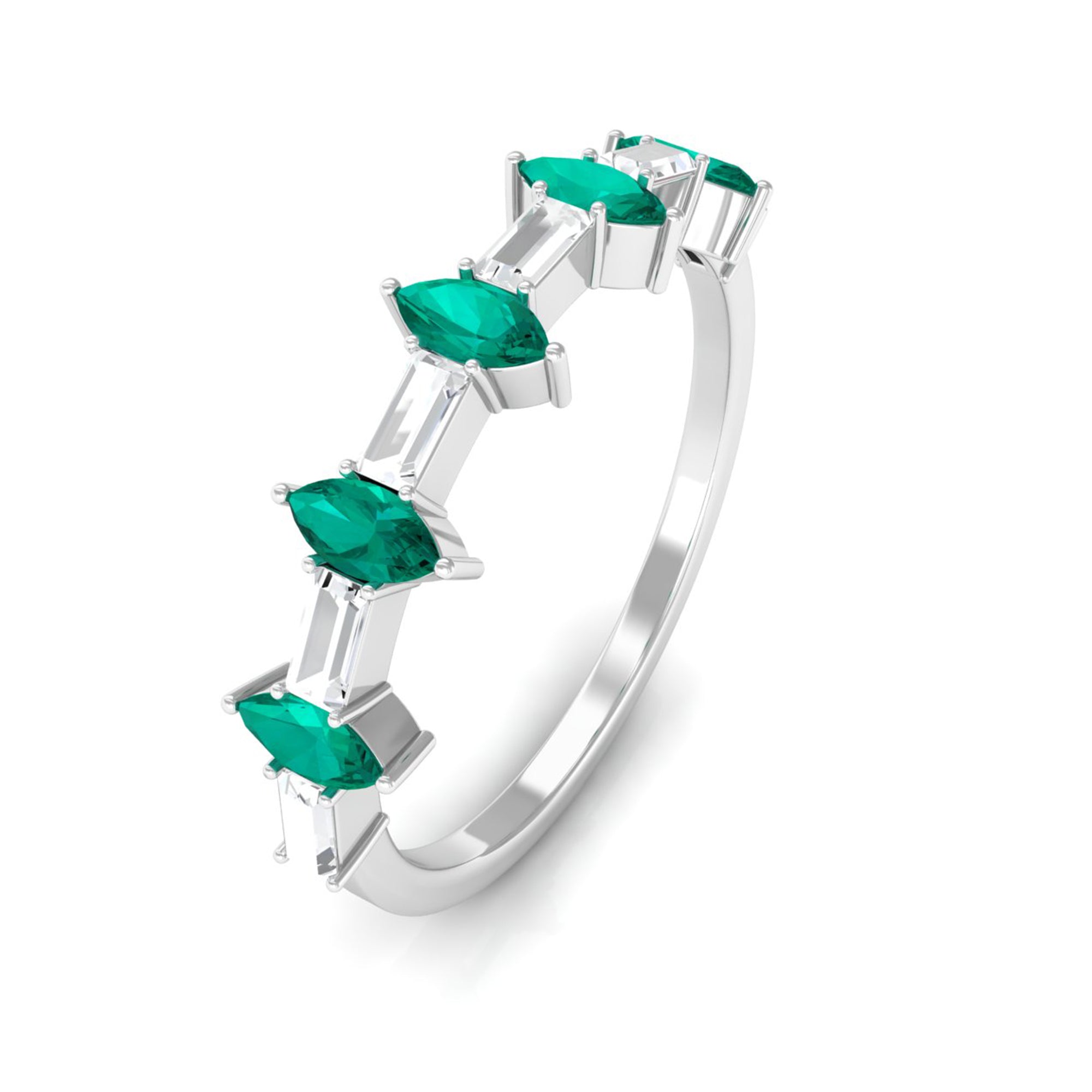 1 CT Emerald and Diamond Alternate Half Eternity Ring Emerald - ( AAA ) - Quality - Rosec Jewels