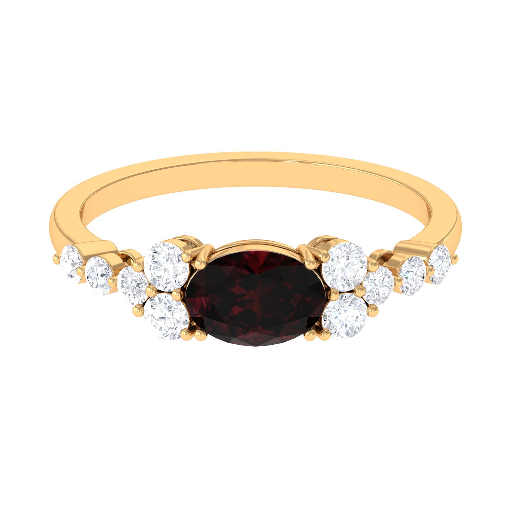 Garnet Solitaire East West Ring with Diamond Side Stones Garnet - ( AAA ) - Quality - Rosec Jewels