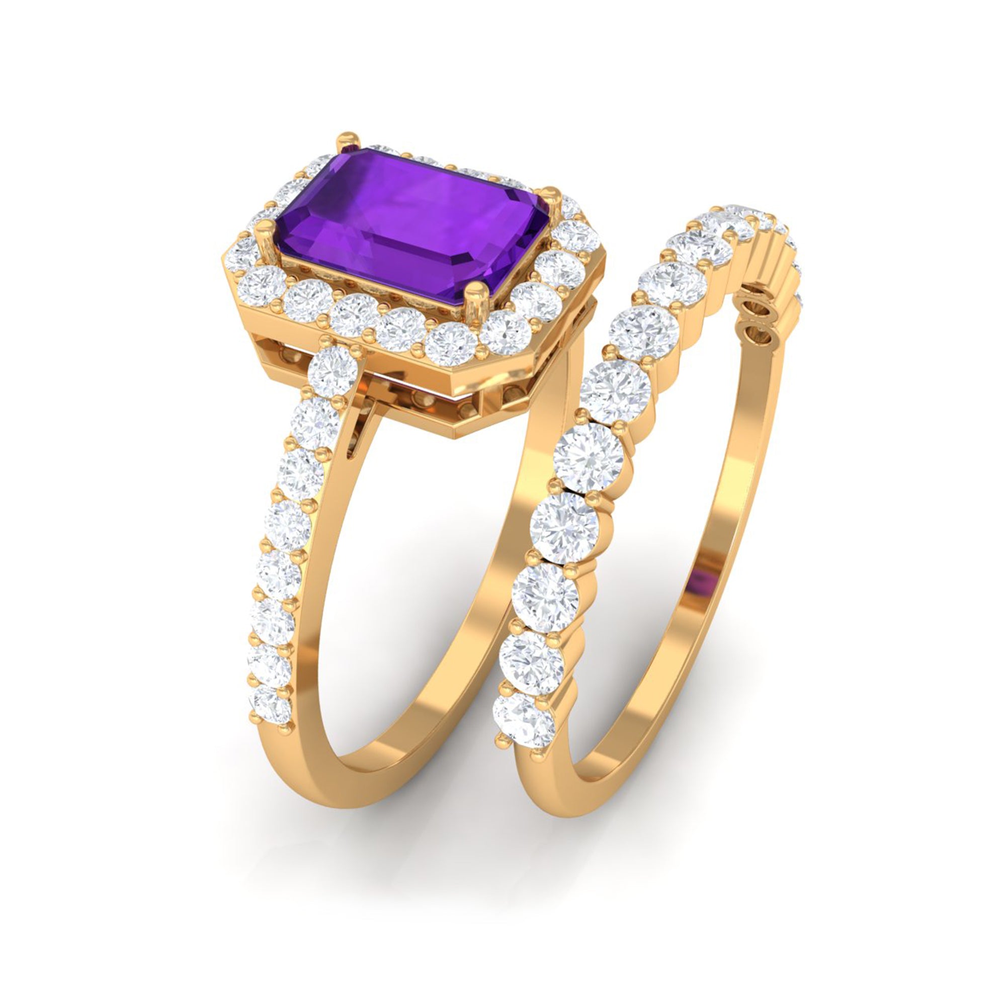 Emerald Cut Amethyst and Moissanite Stackable Ring Set Amethyst - ( AAA ) - Quality - Rosec Jewels