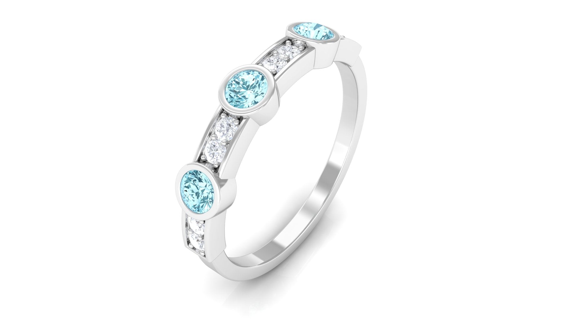 Minimal Half Eternity Ring with Aquamarine and Diamond Aquamarine - ( AAA ) - Quality - Rosec Jewels