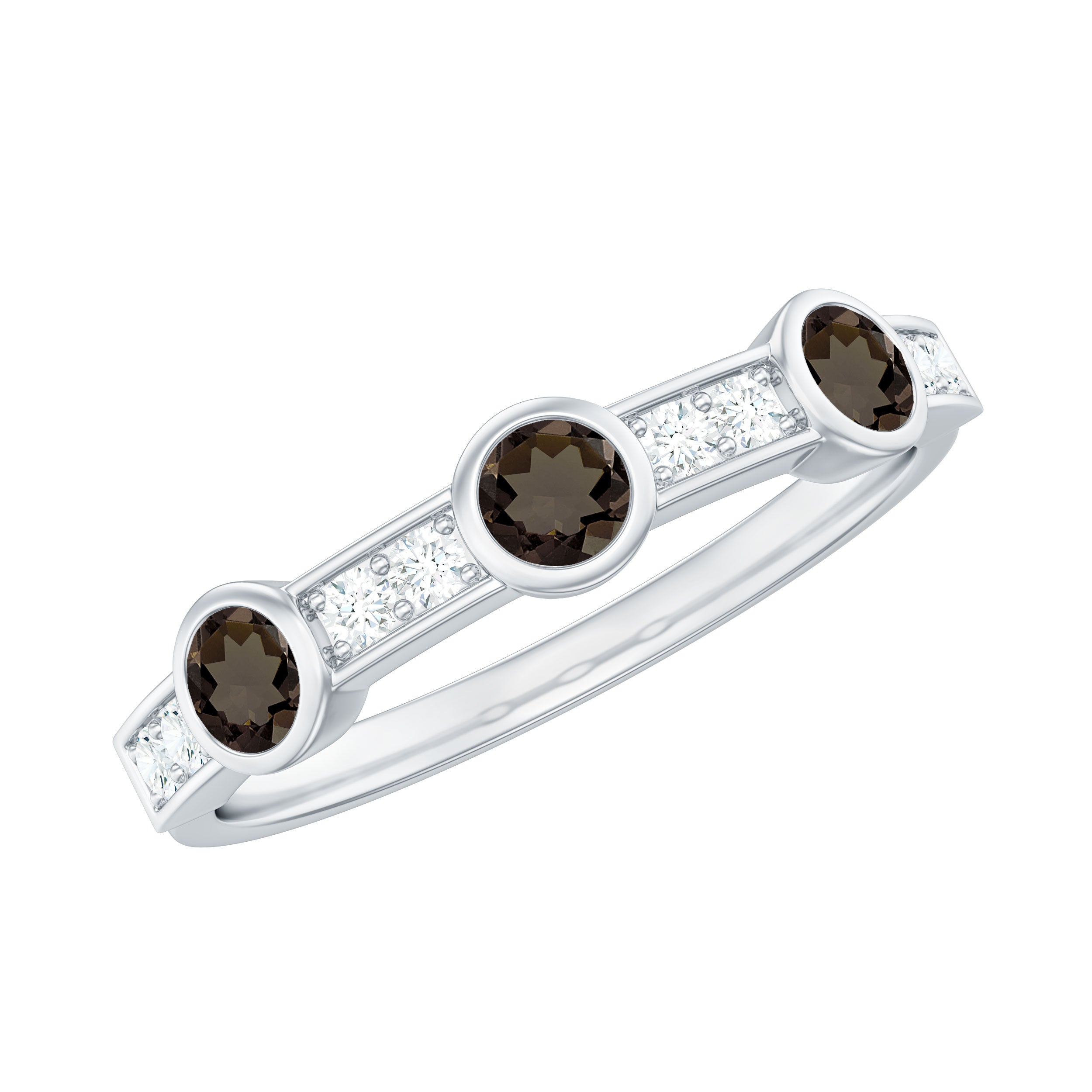 Minimal Half Eternity Band Ring with Smoky Quartz and Diamond Smoky Quartz - ( AAA ) - Quality - Rosec Jewels