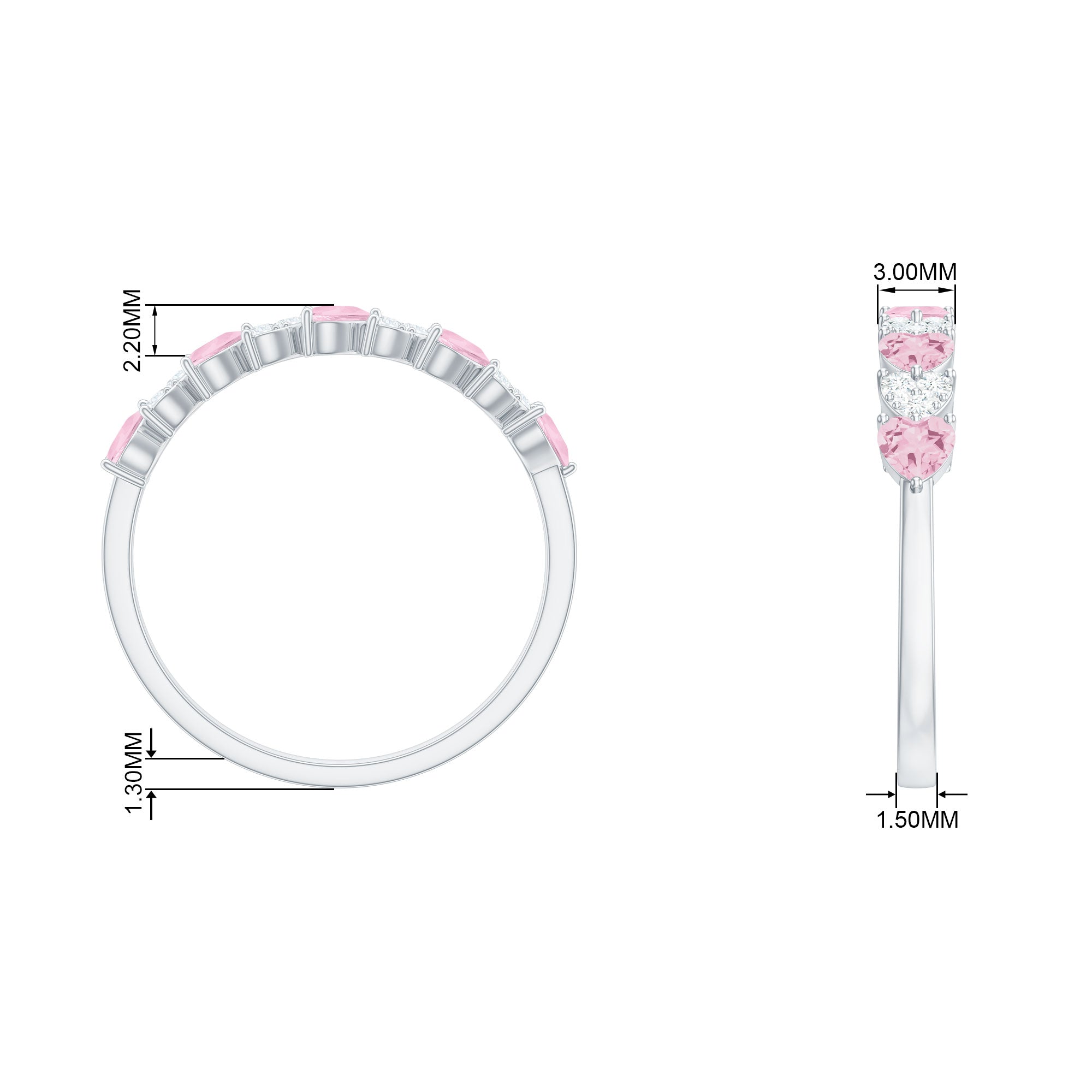 Half Eternity Ring with Rose Quartz and Diamond Rose Quartz - ( AAA ) - Quality - Rosec Jewels