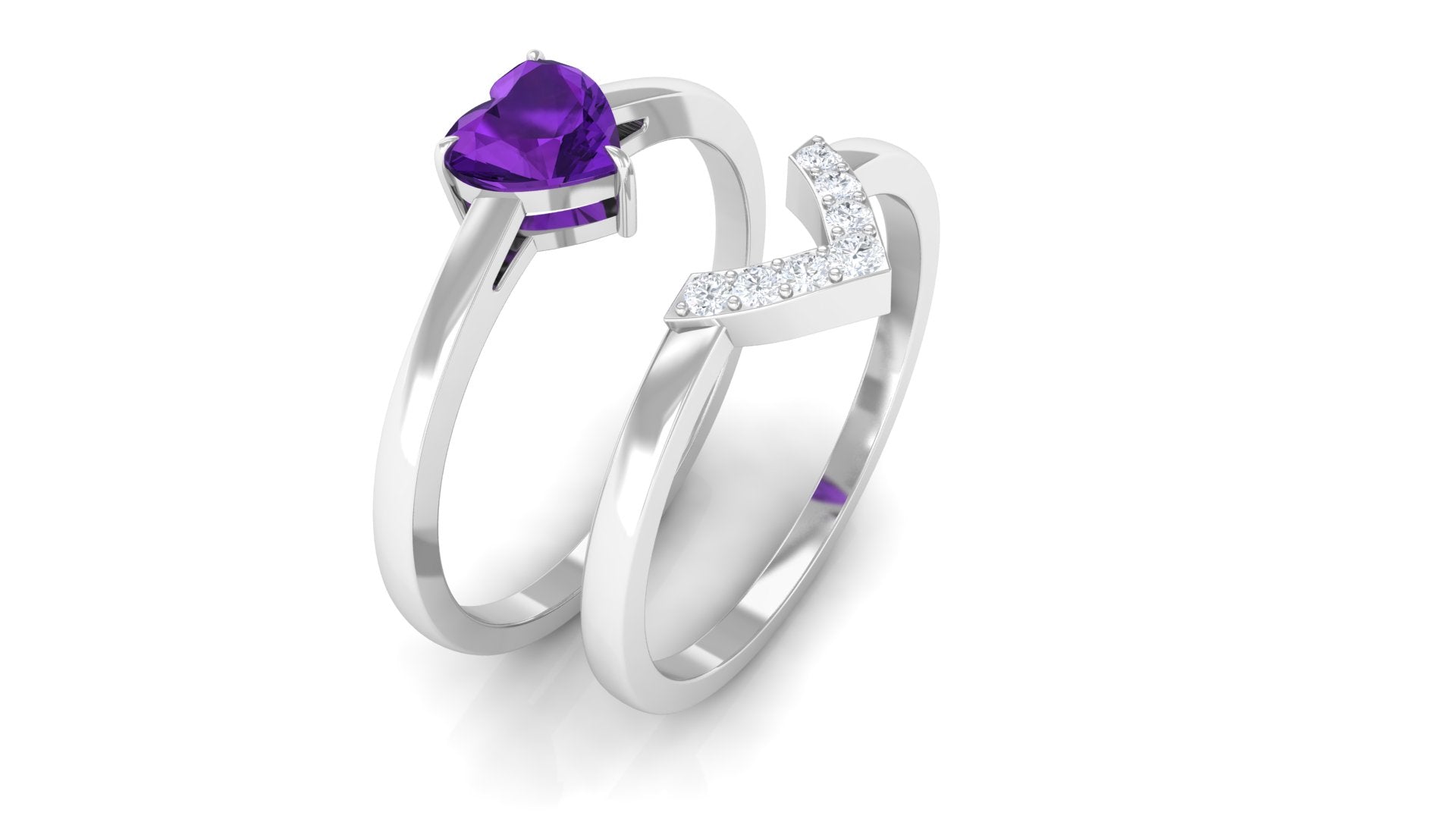 Heart Shape Amethyst and Diamond Ring Set Amethyst - ( AAA ) - Quality - Rosec Jewels