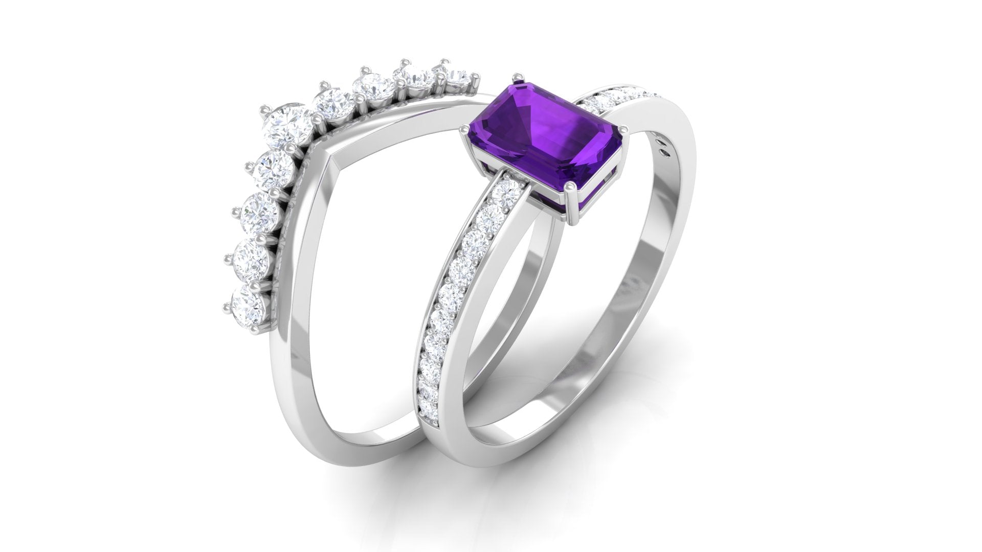 Octagon Cut Amethyst and Diamond Stackable Ring Set Amethyst - ( AAA ) - Quality - Rosec Jewels