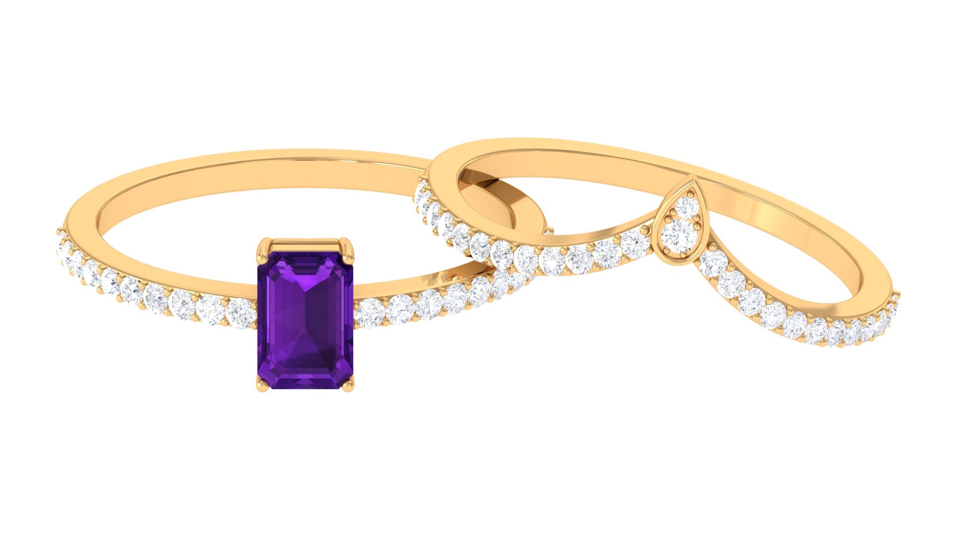 Emerald Cut Amethyst and Diamond Ring Set Amethyst - ( AAA ) - Quality - Rosec Jewels