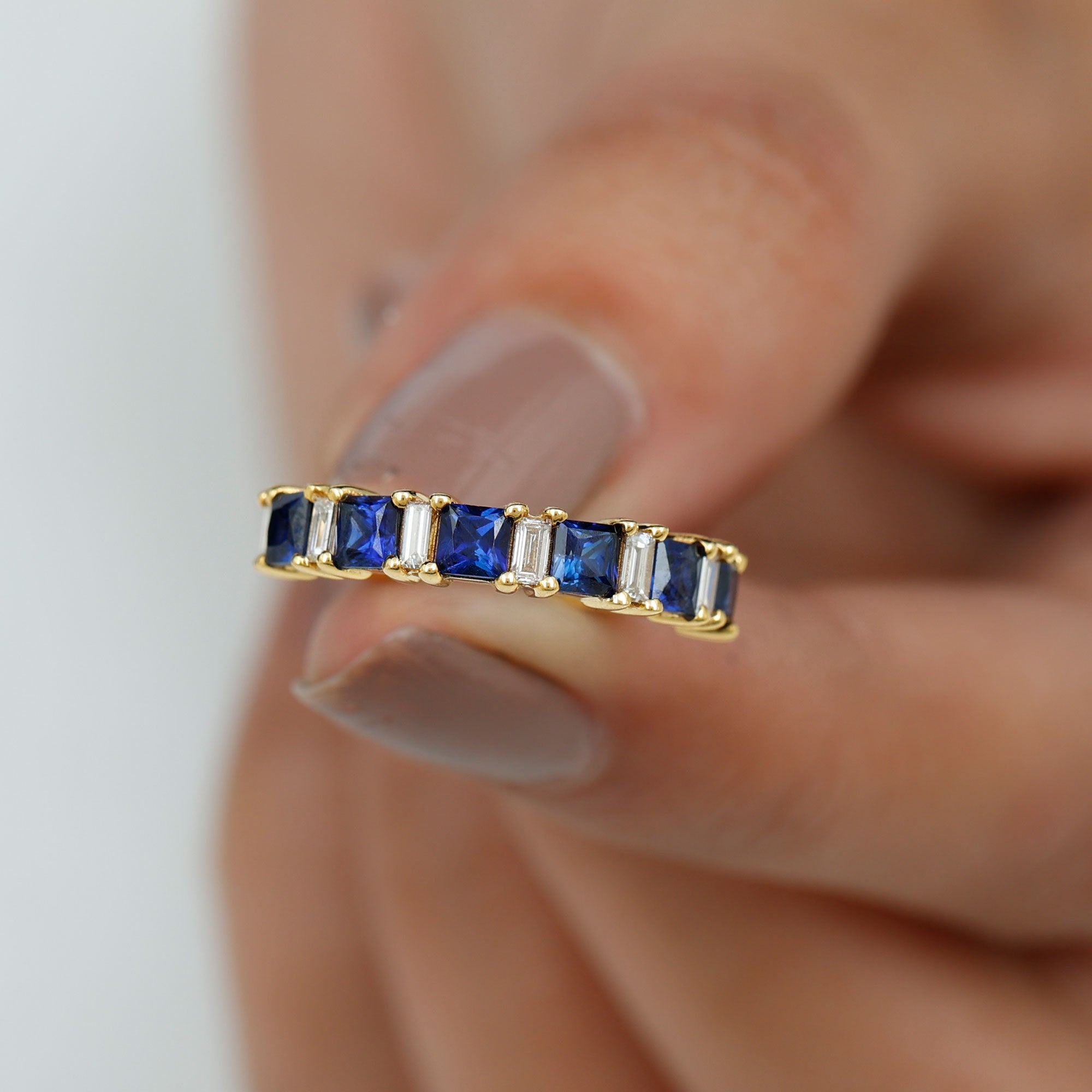 Princess Cut Created Blue Sapphire Half Eternity Ring with Diamond Lab Created Blue Sapphire - ( AAAA ) - Quality - Rosec Jewels