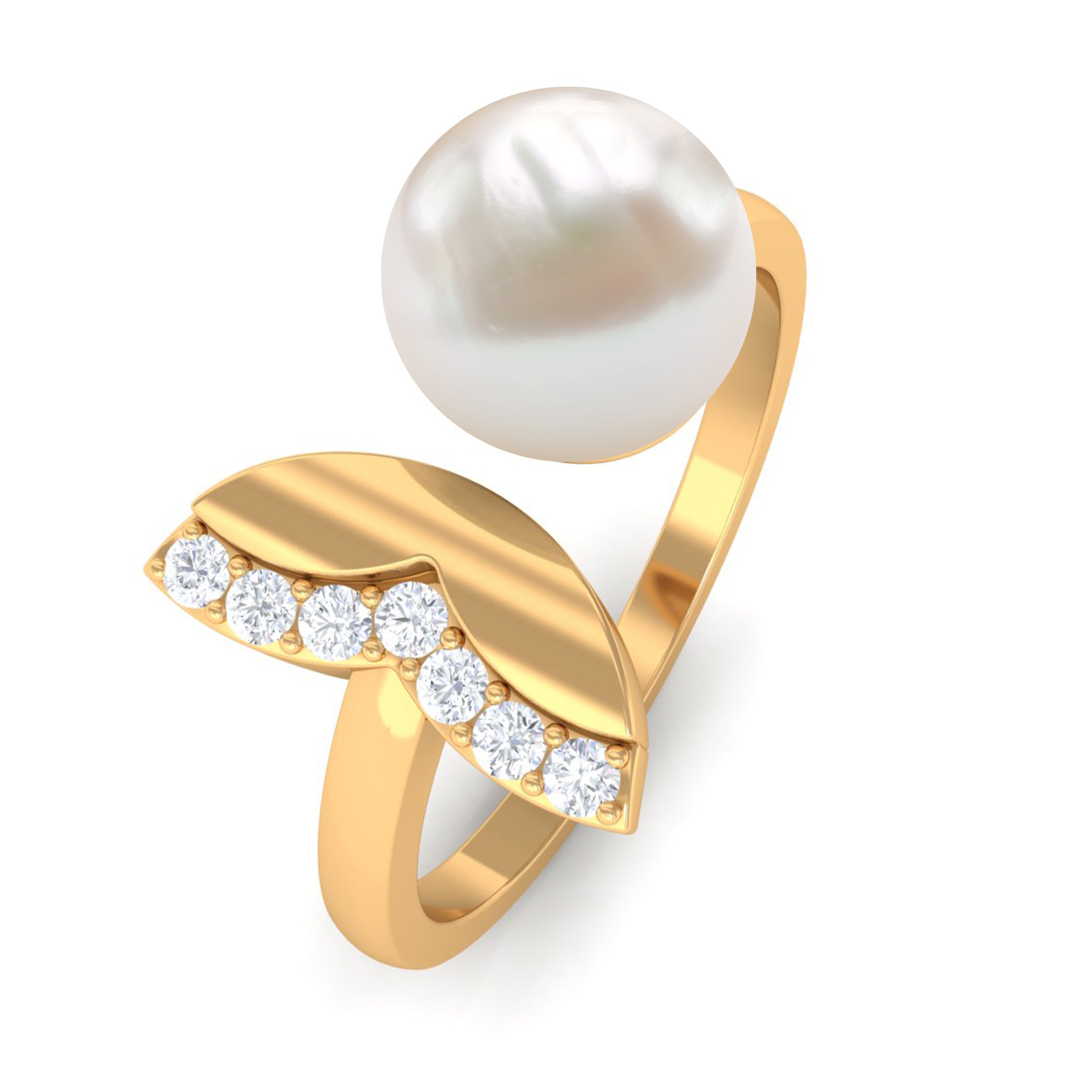 Round Freshwater Pearl Solitaire Cuff Ring with Diamond Freshwater Pearl - ( AAA ) - Quality - Rosec Jewels