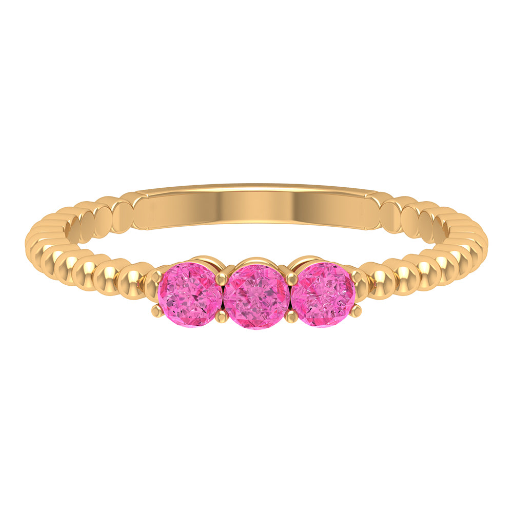 1/2 CT Pink Sapphire and Gold Beaded Three Stone Promise Ring Pink Sapphire - ( AAA ) - Quality - Rosec Jewels