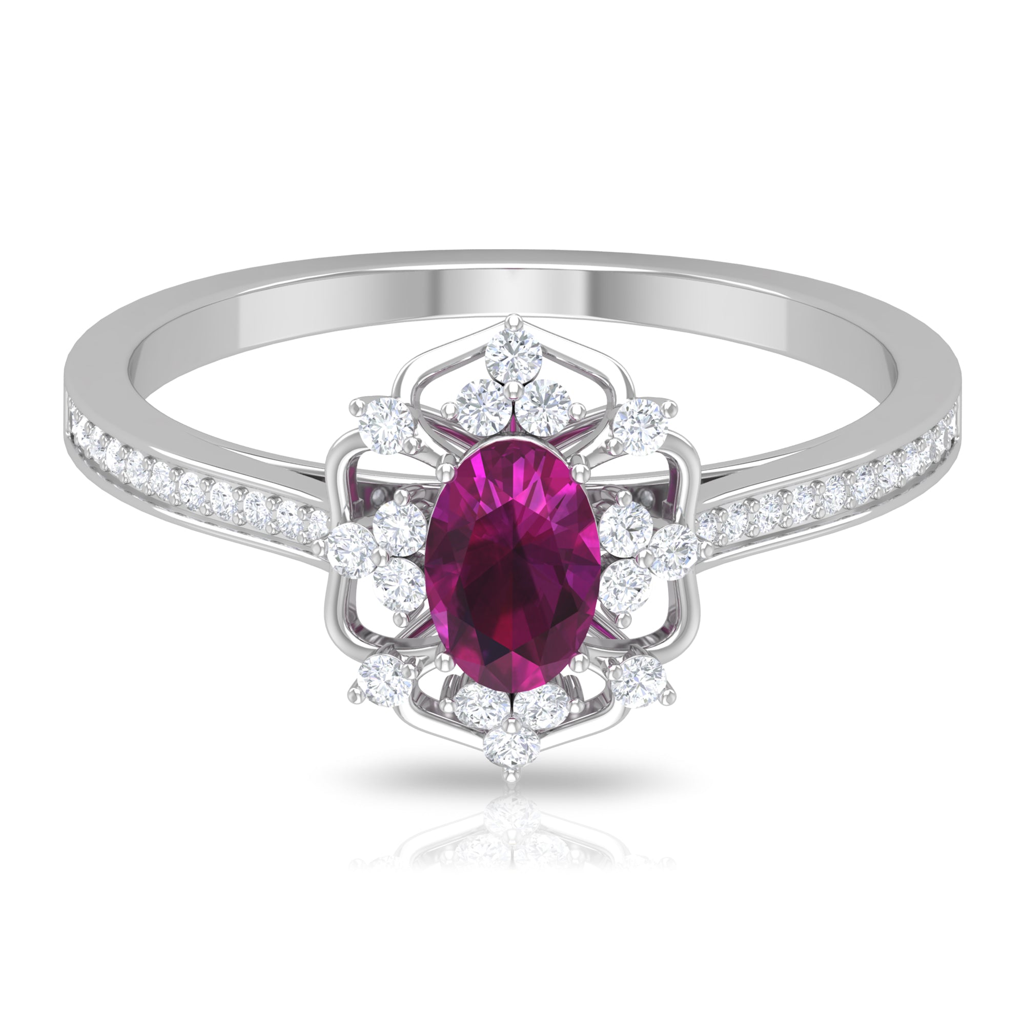 Vintage Style Rhodolite and Diamond Flower Engagement Ring Rhodolite - ( AAA ) - Quality - Rosec Jewels