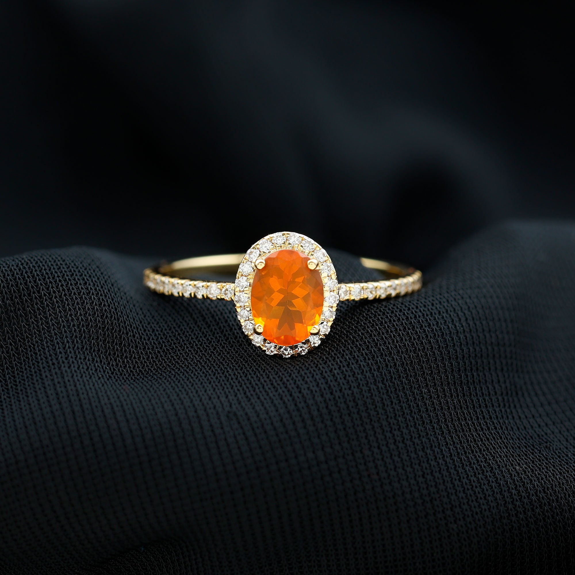 1.50 CT Oval Fire Opal Engagement Ring with Diamond Halo and Side Stones Fire Opal - ( AAA ) - Quality - Rosec Jewels