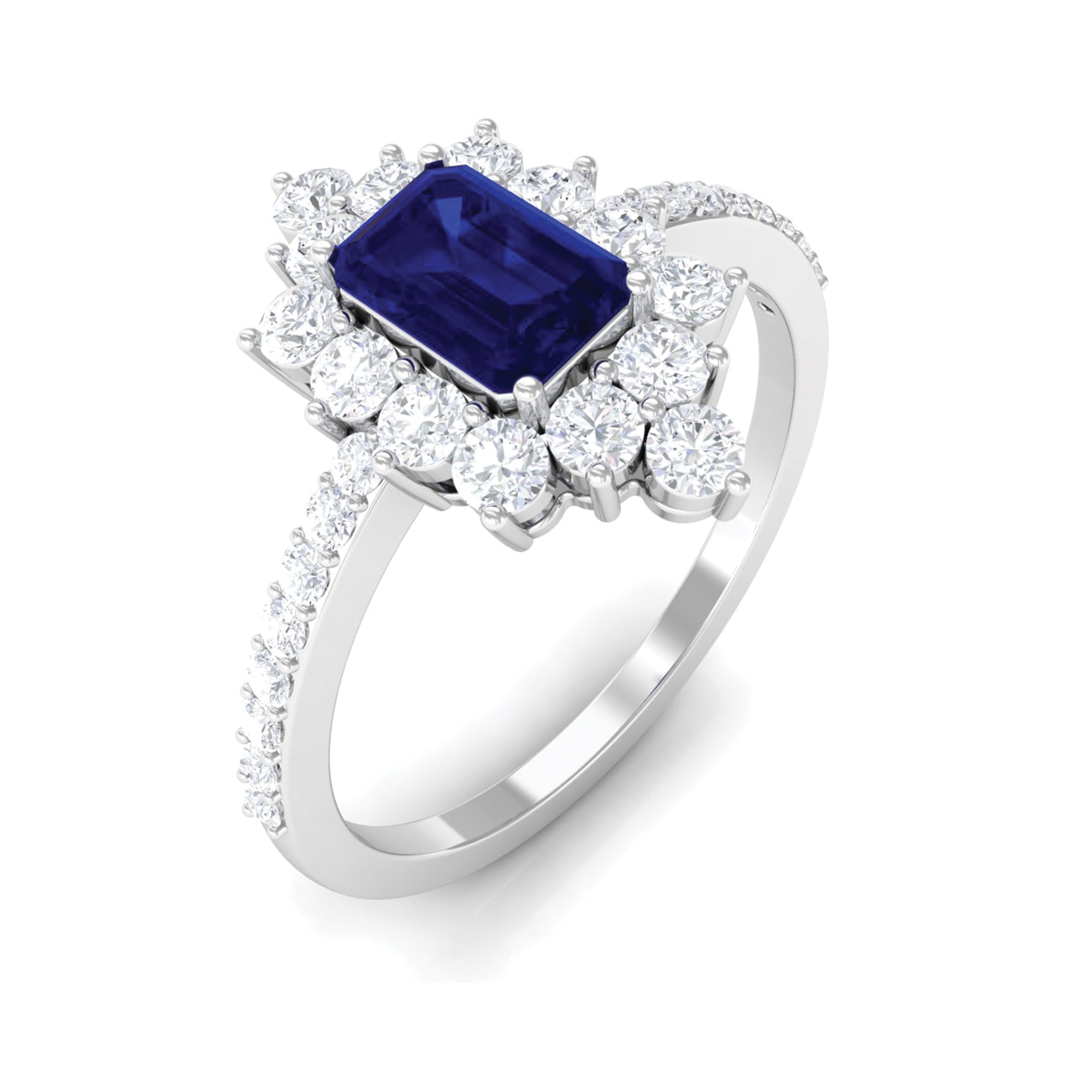 Octagon Blue Sapphire and Diamond Halo Engagement Ring Blue Sapphire - ( AAA ) - Quality - Rosec Jewels