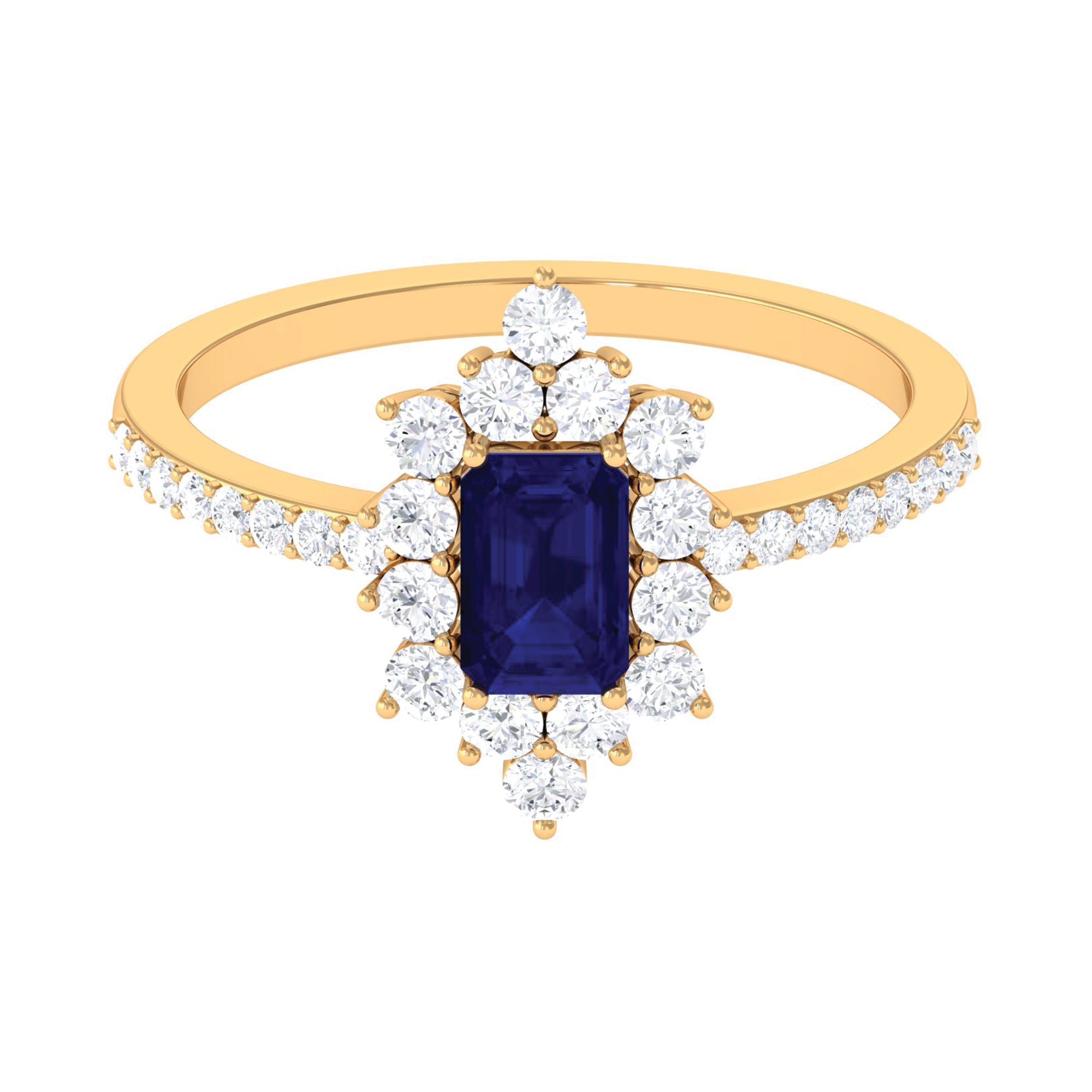 Octagon Blue Sapphire and Diamond Halo Engagement Ring Blue Sapphire - ( AAA ) - Quality - Rosec Jewels