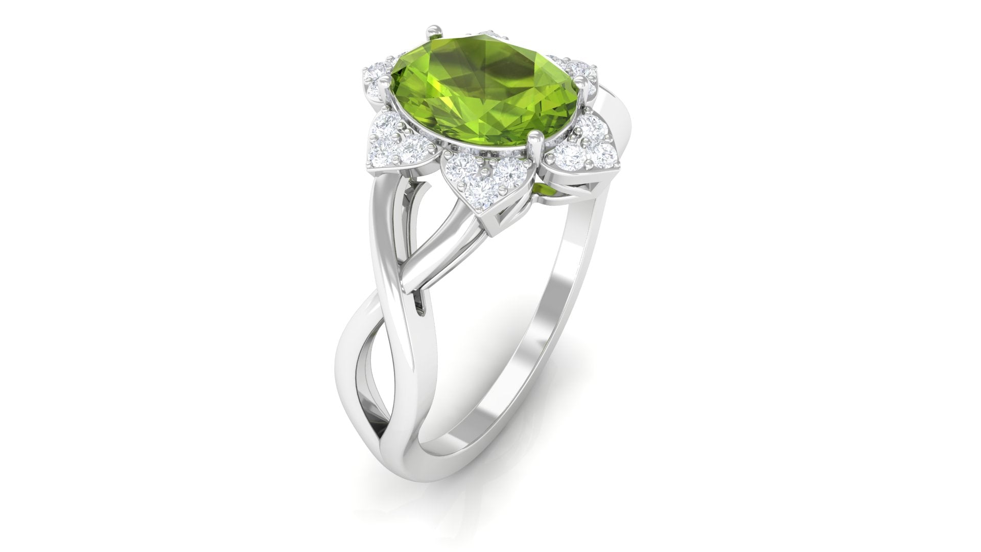 1.25 CT Oval Cut Peridot Solitaire Ring with Diamond Accent Peridot - ( AAA ) - Quality - Rosec Jewels