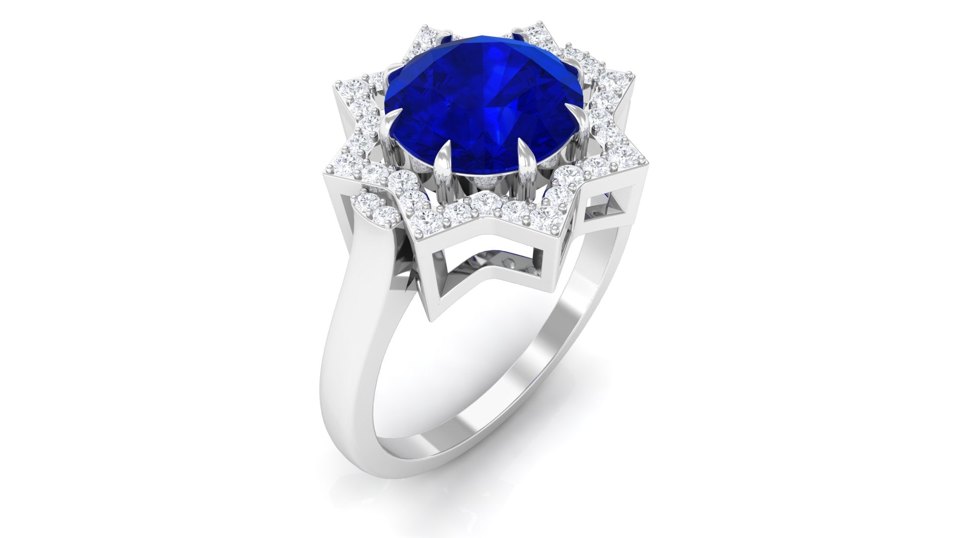 3.25 CT Created Blue Sapphire Star Shape Engagement Ring with Diamond Lab Created Blue Sapphire - ( AAAA ) - Quality - Rosec Jewels