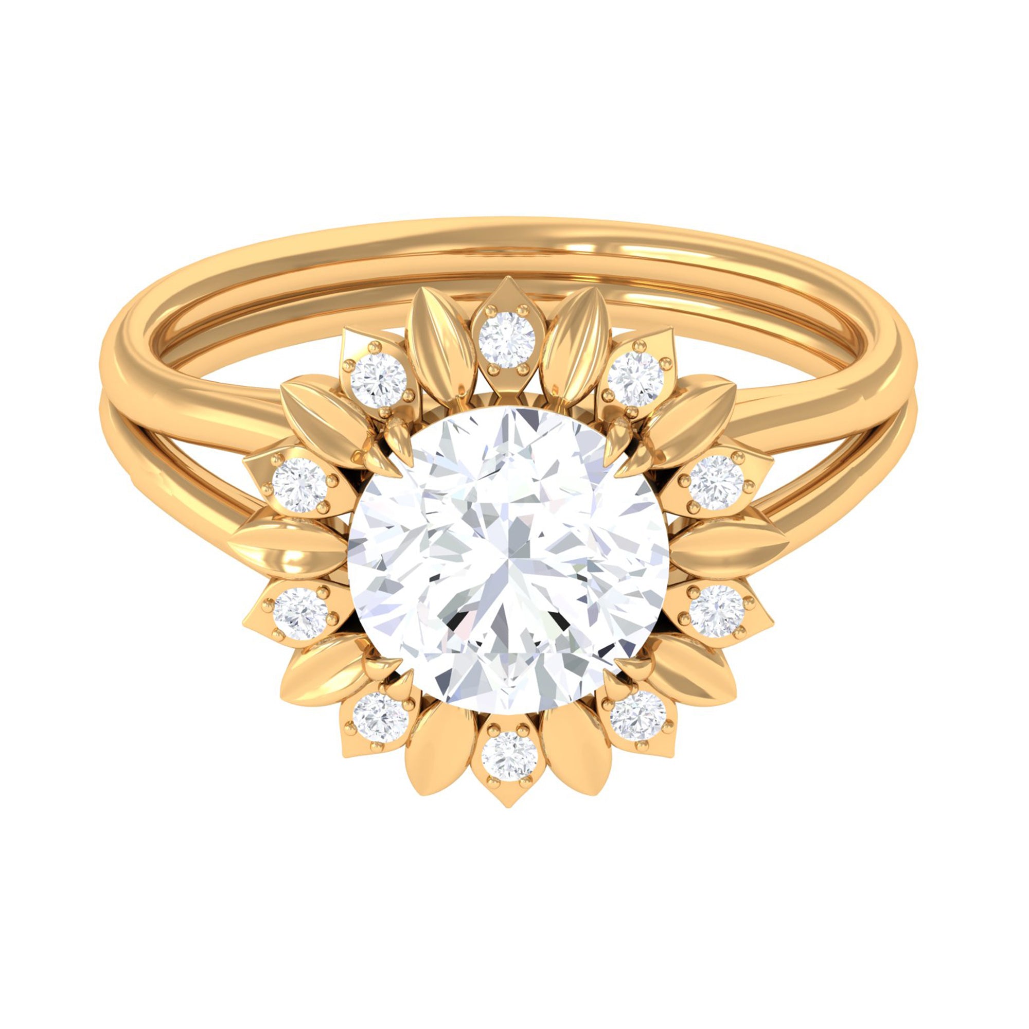 Round Cut Solitaire Zircon Gold Flower Engagement Ring in Split Shank Zircon - ( AAAA ) - Quality - Rosec Jewels